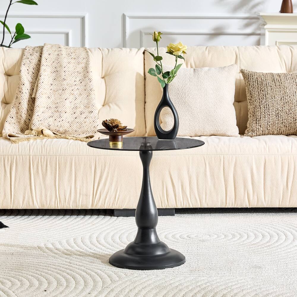 Alt View 6. Loheer - Loheer Small Metal Side Table Vintage Round Glass Top Matte Black End Table - Matte Black.