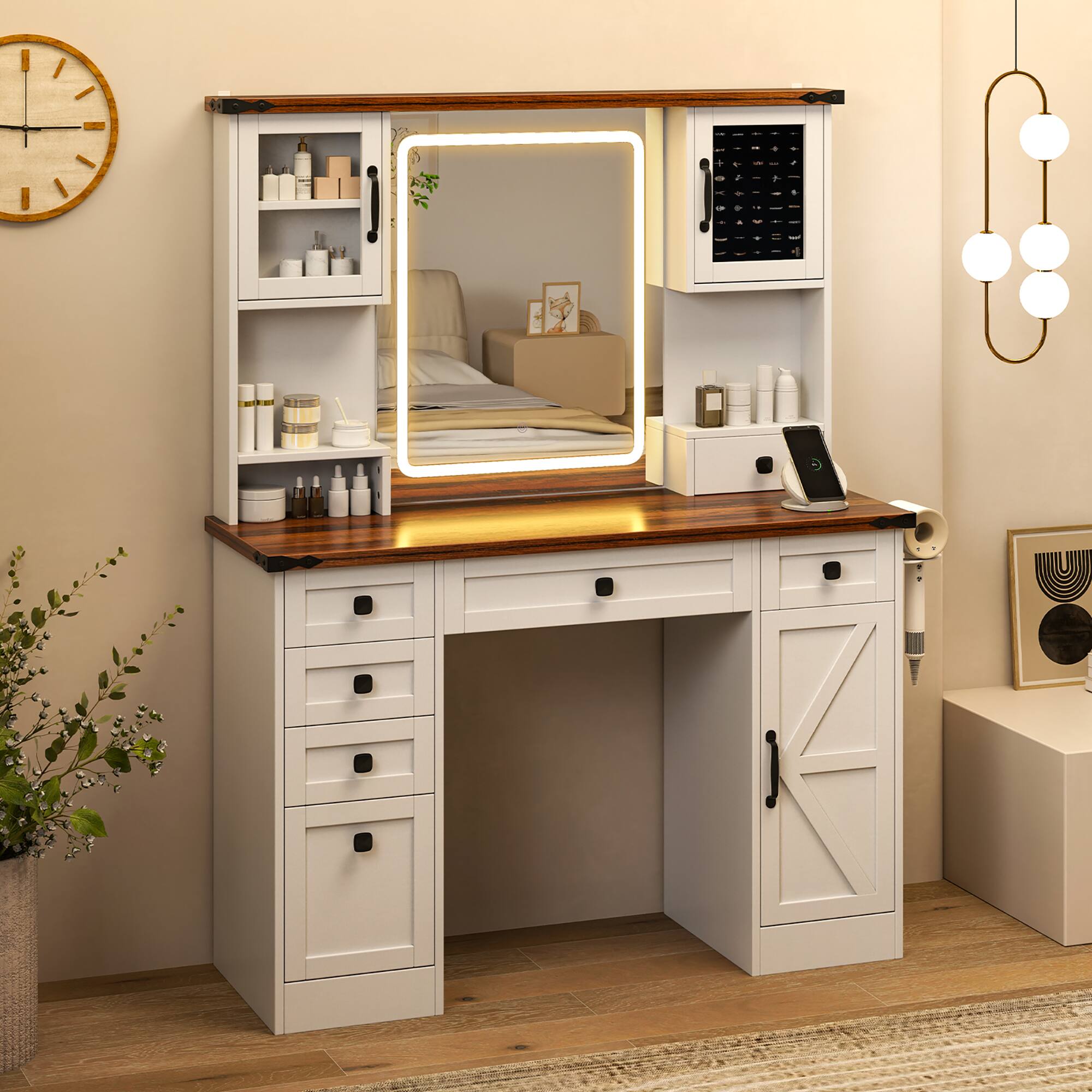 Alt View 3. Gymax - Gymax Farmhouse Vanity Desk w/ Lighted Mirror Makeup Vanity Table w/ 3 Doors - White, Dark Brown.