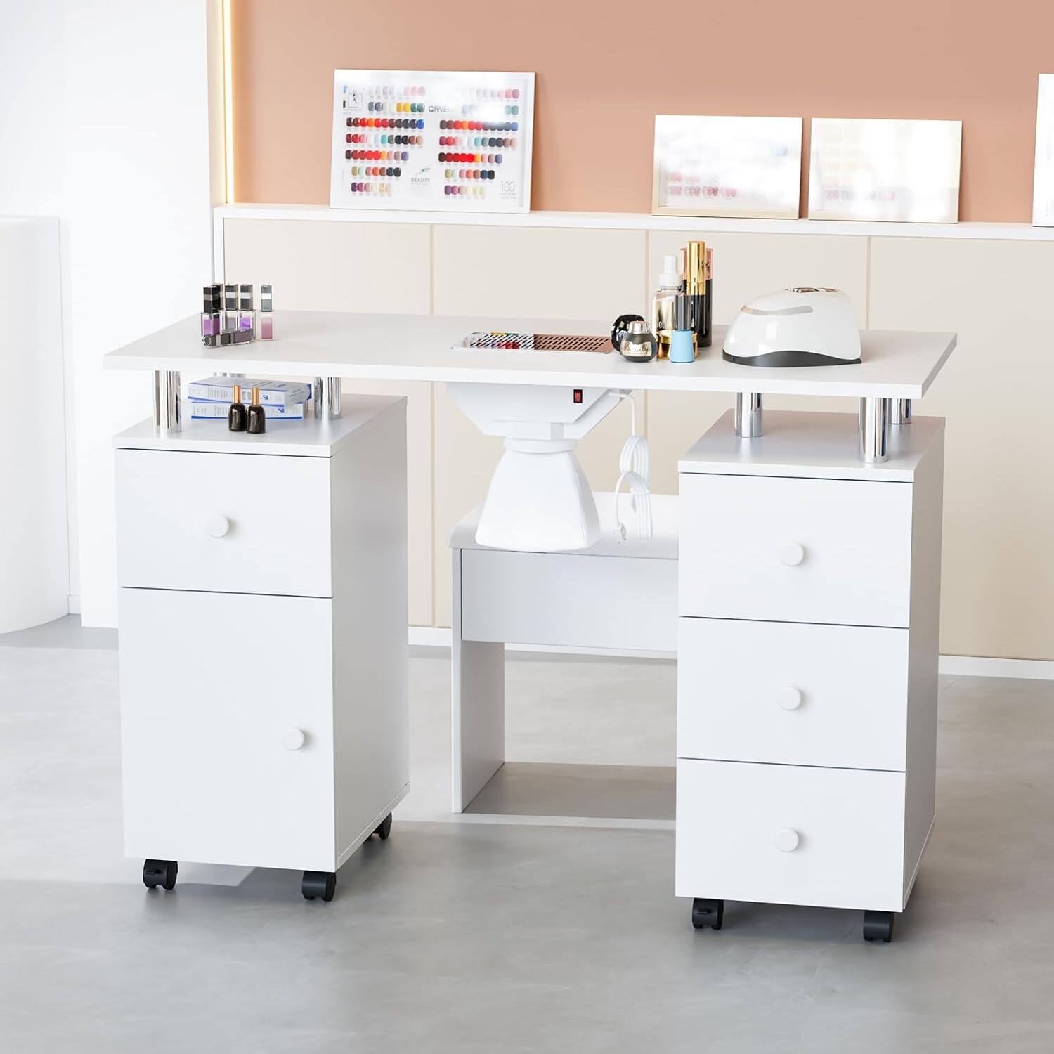 Alt View 3. Winado - Nail Desk and Chair Set, Manicure Table with Stool, Dust Collector, Arm Rest, Wheels, Drawers, Cabinet for Makeup Beauty - White.