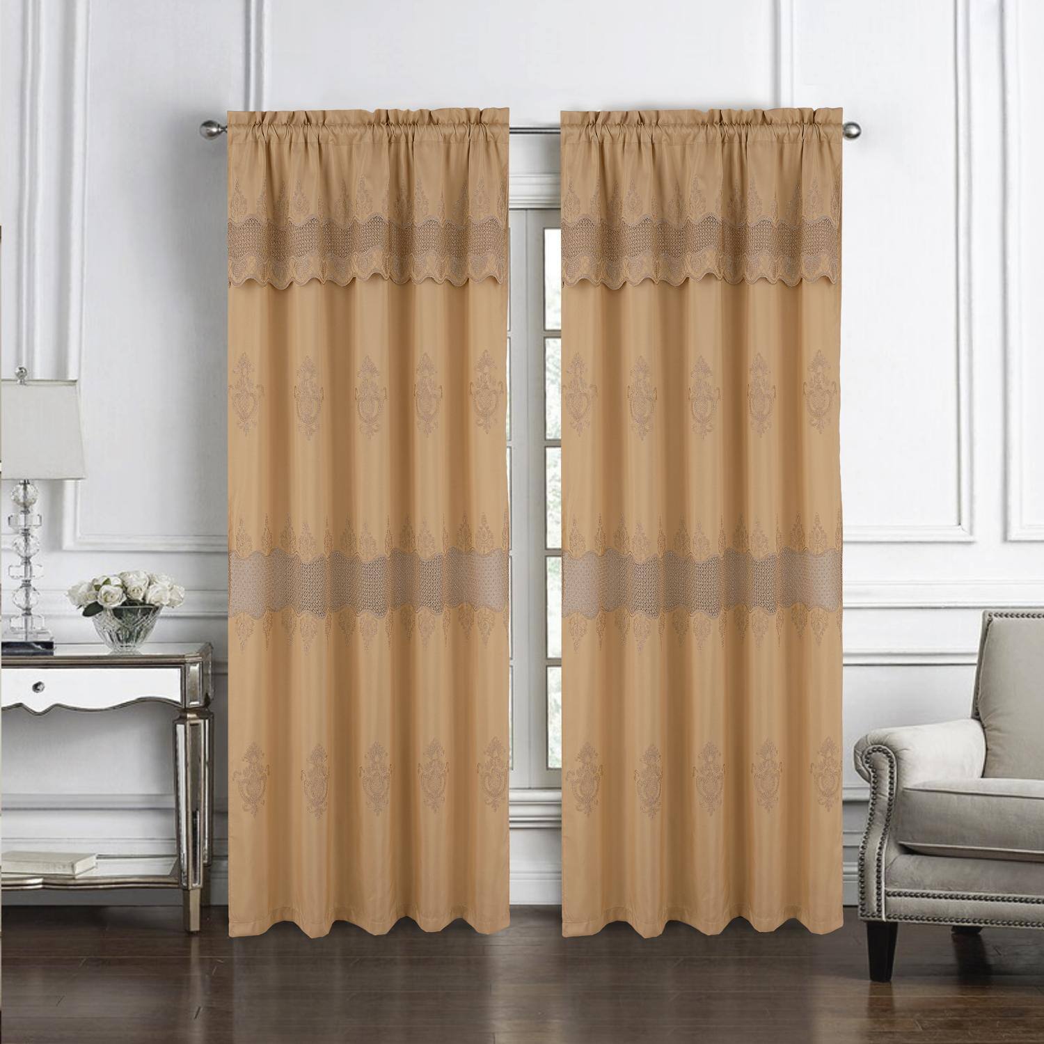 Angle. RT Designers Collection - RT Designers Collection Debbie Macrame Construction 3" Rod Pocket Curtain Panel 54" x 84" Gold/Gold - Gold/gold.