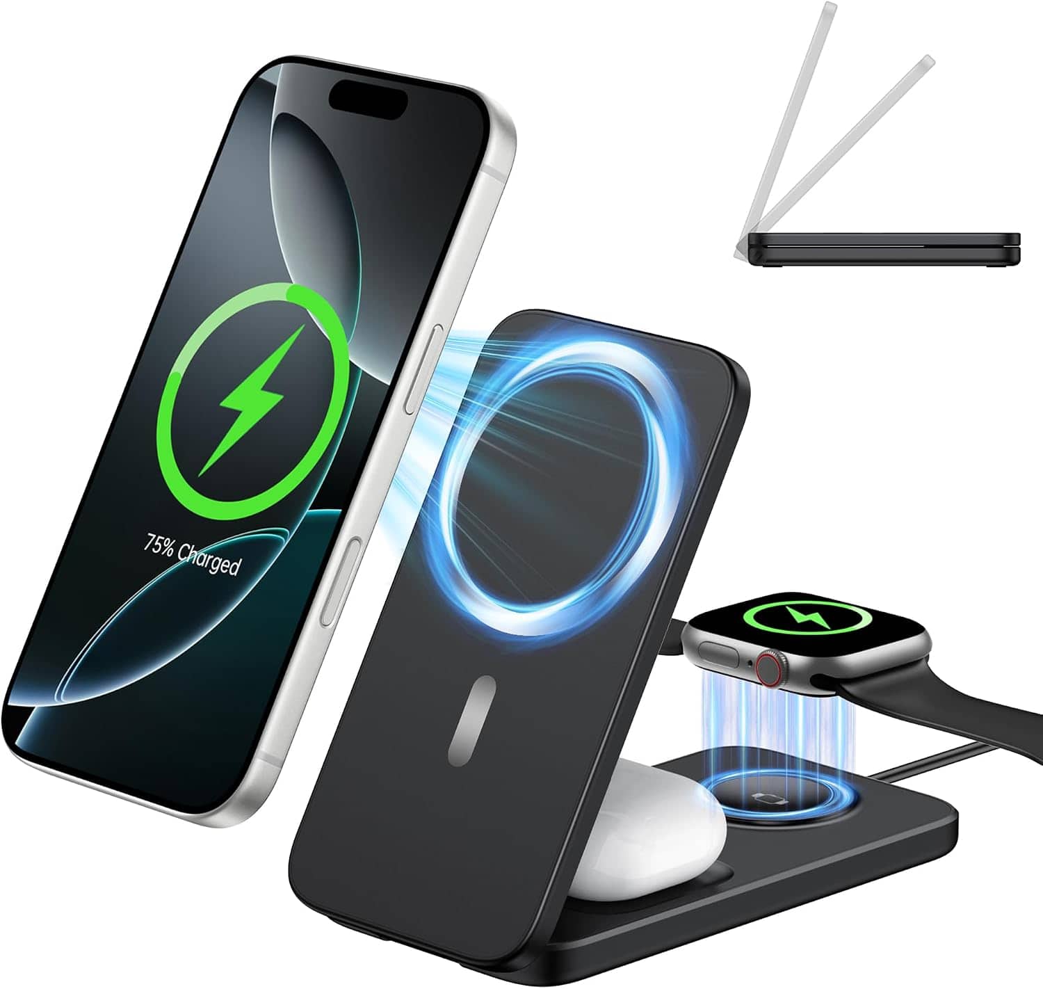 Core Tech - Foldable 3-in-1 Magnetic Wireless Charging Station for iPhone, Apple Watch and AirPods - Black
