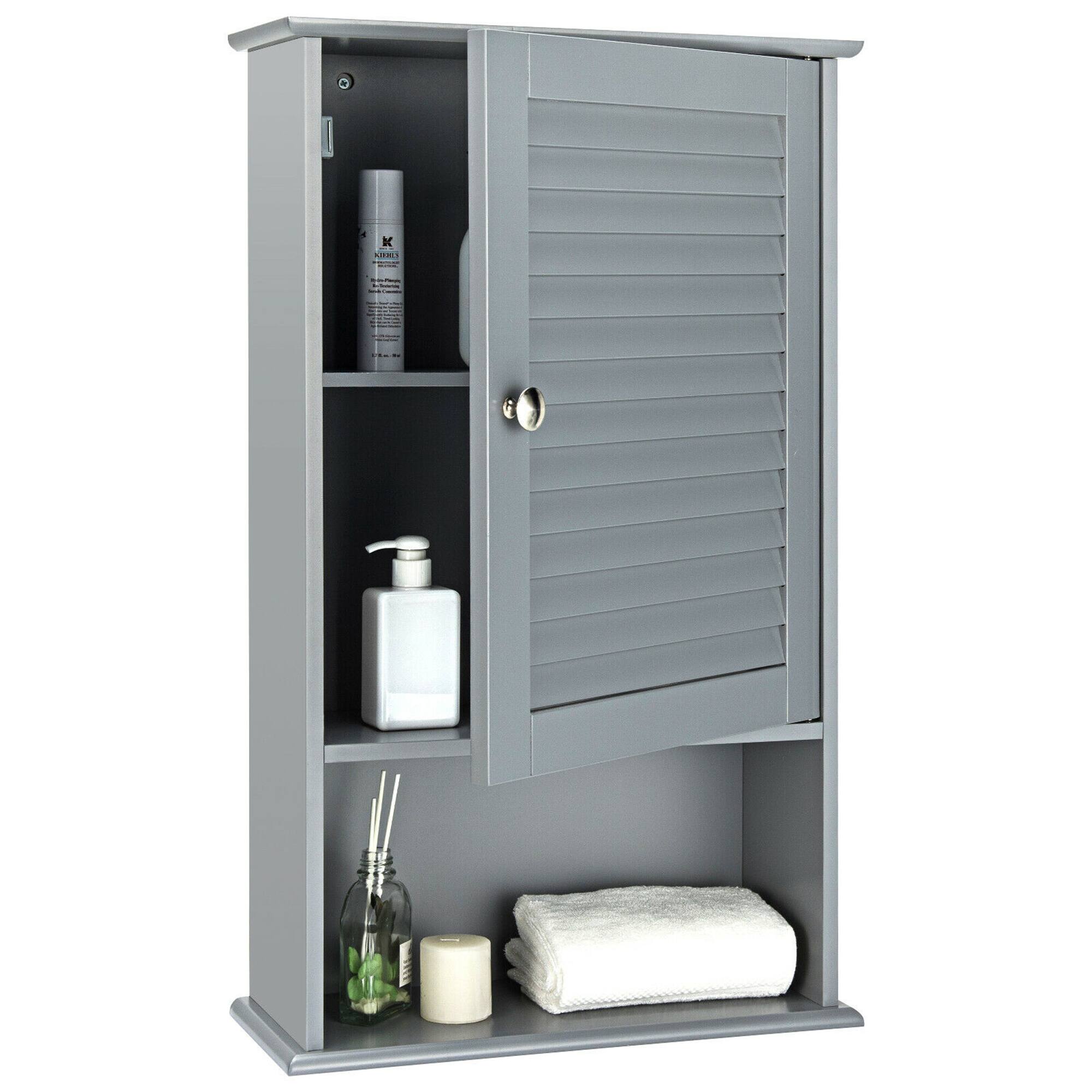 Costway - Bathroom Wall Mount Storage Cabinet Single Door w/Height Adjustable Shelf - Gray