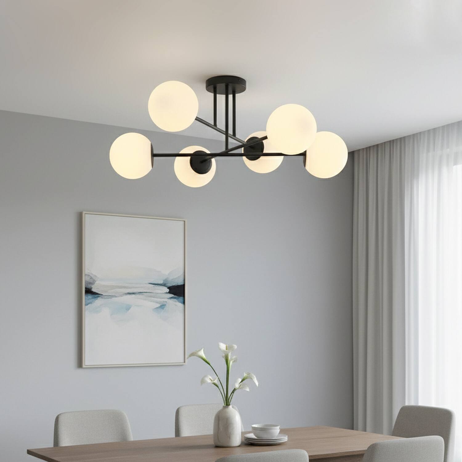 Alt View 1. Umeiluce - Modern 6-Light 30.7 Inches Semi-Flush Mount Glass Globes E12 - Matte Black.