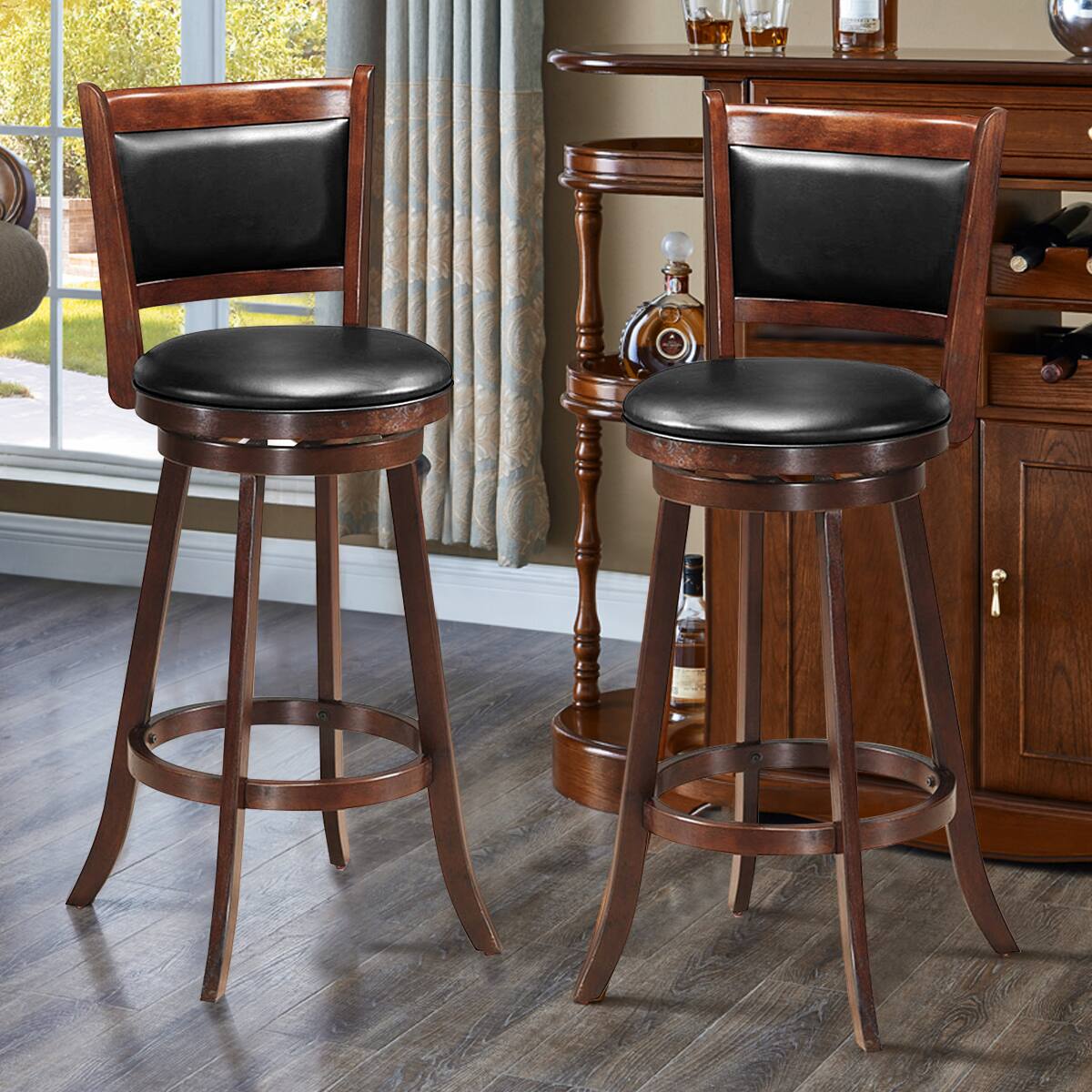 Alt View 3. Costway - Costway Set of 2 29" Swivel Bar Height Stool Wood Dining Chair Upholstered Seat Panel Back - Espresso,Black.