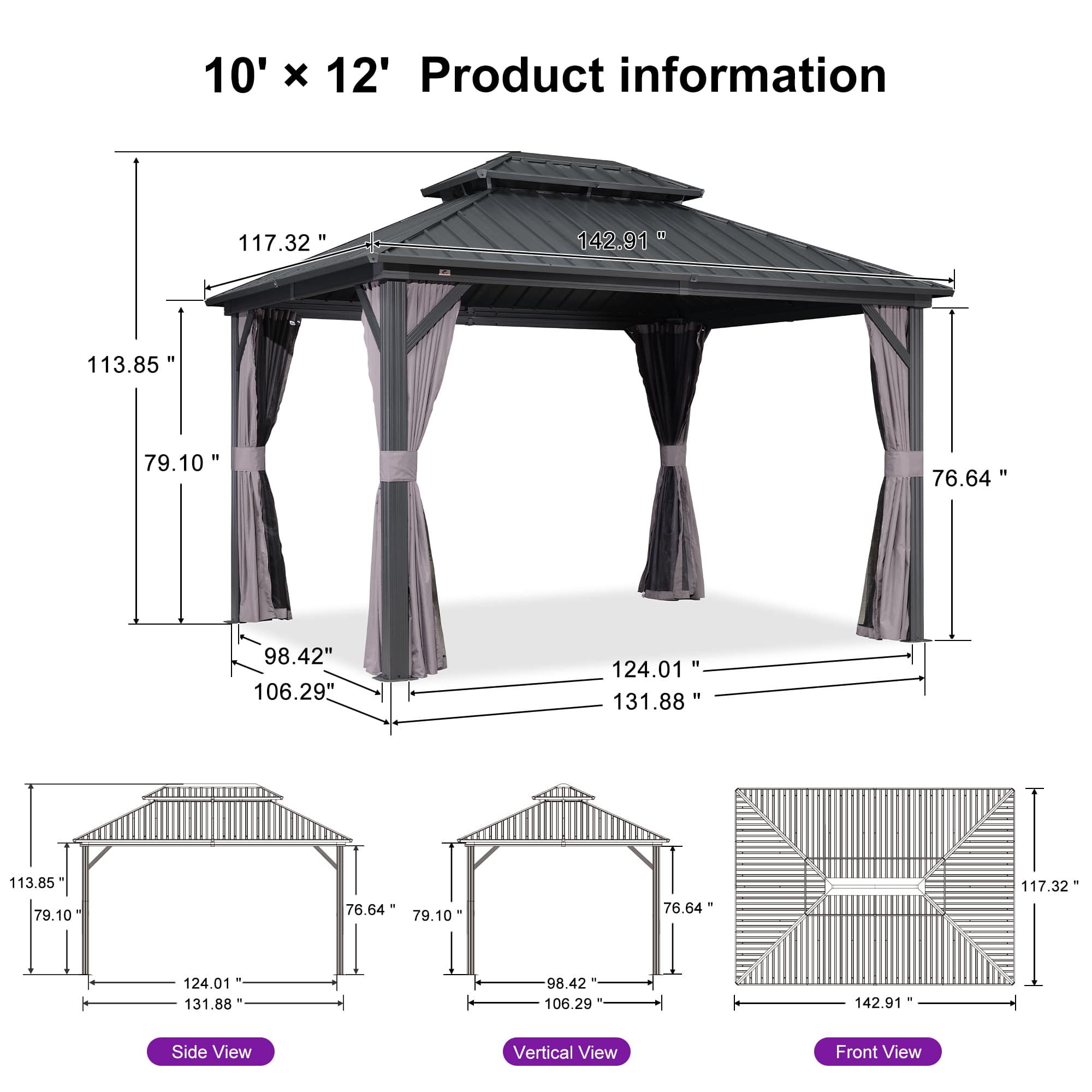 PURPLE LEAF 10 X 12 FT Outdoor Aluminum Hardtop Gazebo with