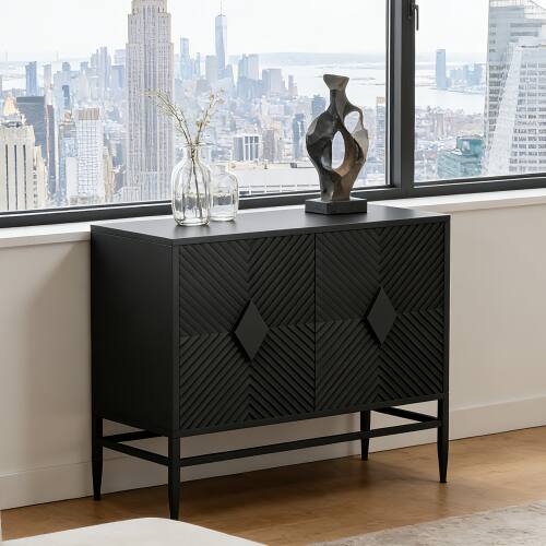 Left. LUCKY ONE - 31.5in Freestanding Modern 2 Door Wooden Storage Cabinet with Metal Legs for Living Room Entryway - Black.