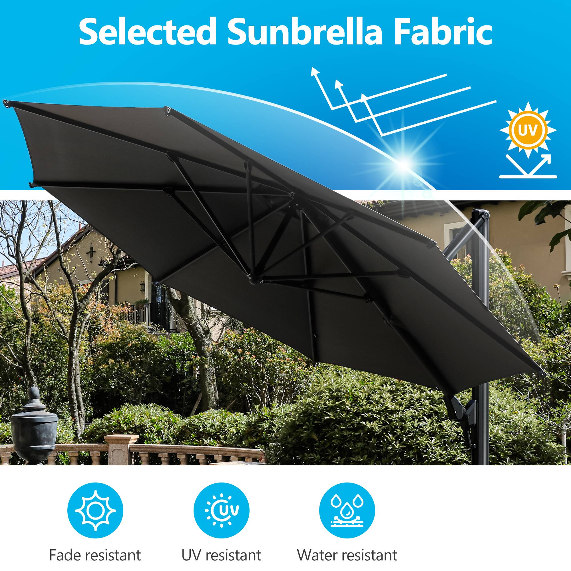 Selected Sunbrella Fabric

- Fade resistant
- UV resistant
- Water resistant