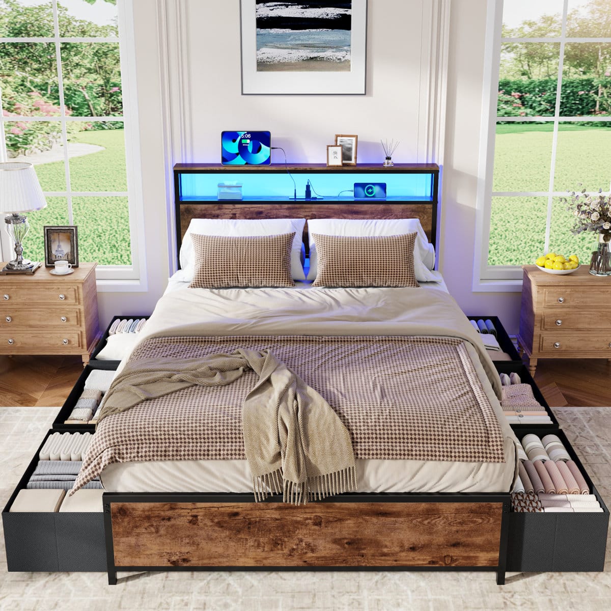 Furnulem - Platform Bed with 6 Drawers and Open Storage Headboard Adjustable LED Light and Charging Station - Brown