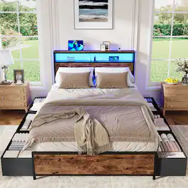 Furnulem - Platform Bed with 6 Drawers and Open Storage Headboard Adjustable LED Light and Charging Station - Brown