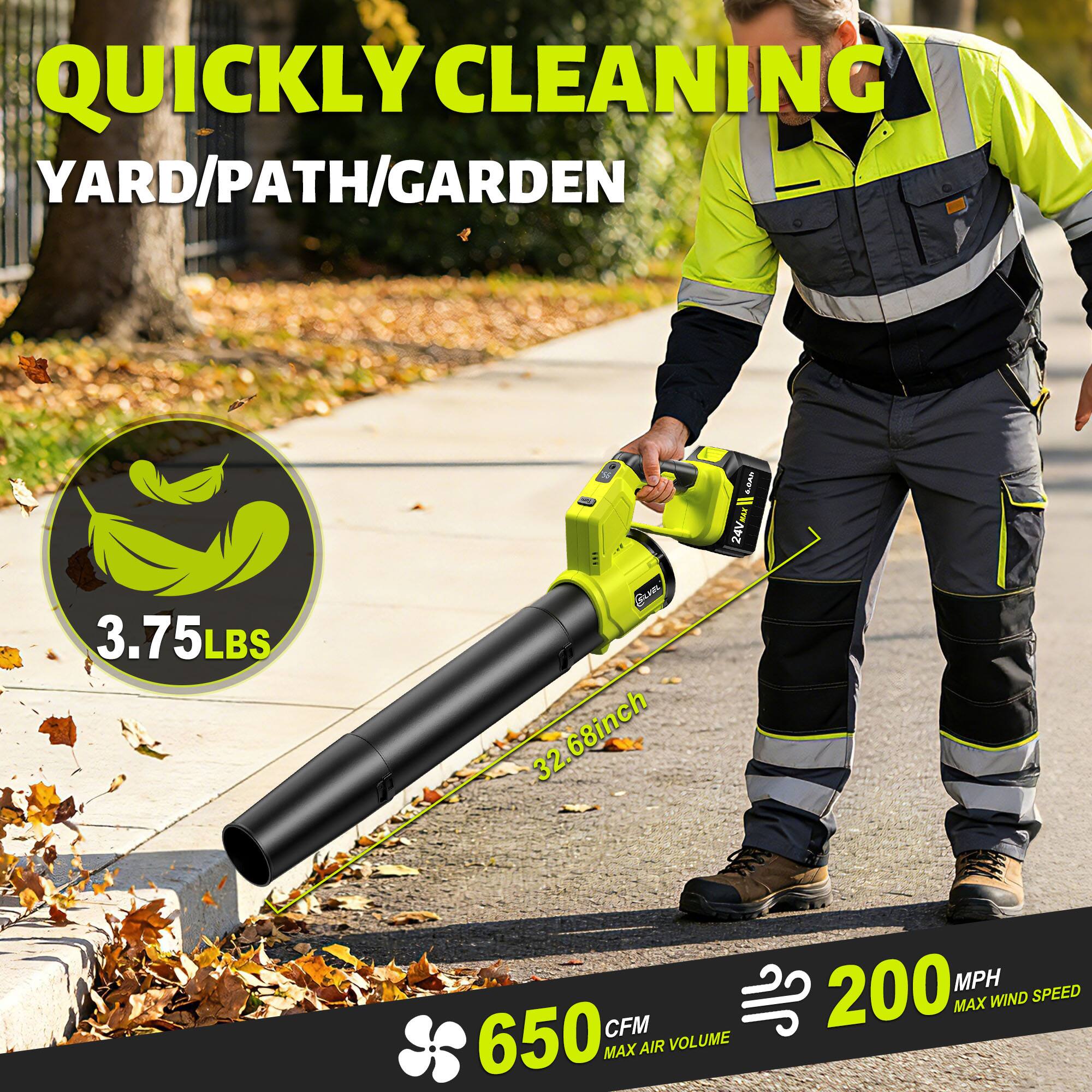 Quickly Cleaning Yard/Path/Garden  
24V  
3.75 LBS  
68 inch  
650 CFM Max Air Volume  
200 MPH Max Wind Speed