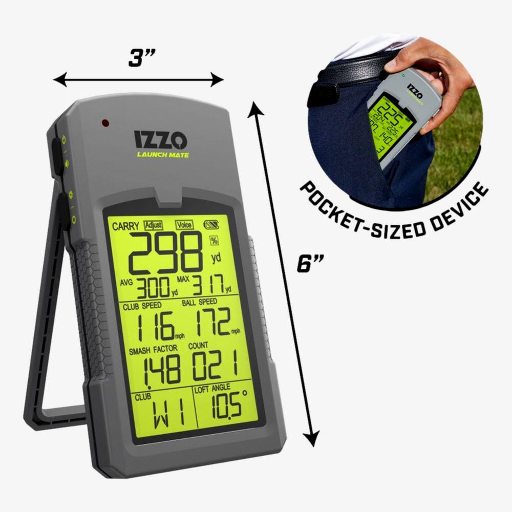 The Izzo Launch Mate pocket-sized device is designed for carrying and measuring various golf-related statistics. It features a 225 yard range, and can measure average, maximum, and ball speed. The device also calculates the club head speed and provides a loft angle measurement. The Izzo Launch Mate is a compact and convenient tool for golfers to keep track of their performance on the course.
