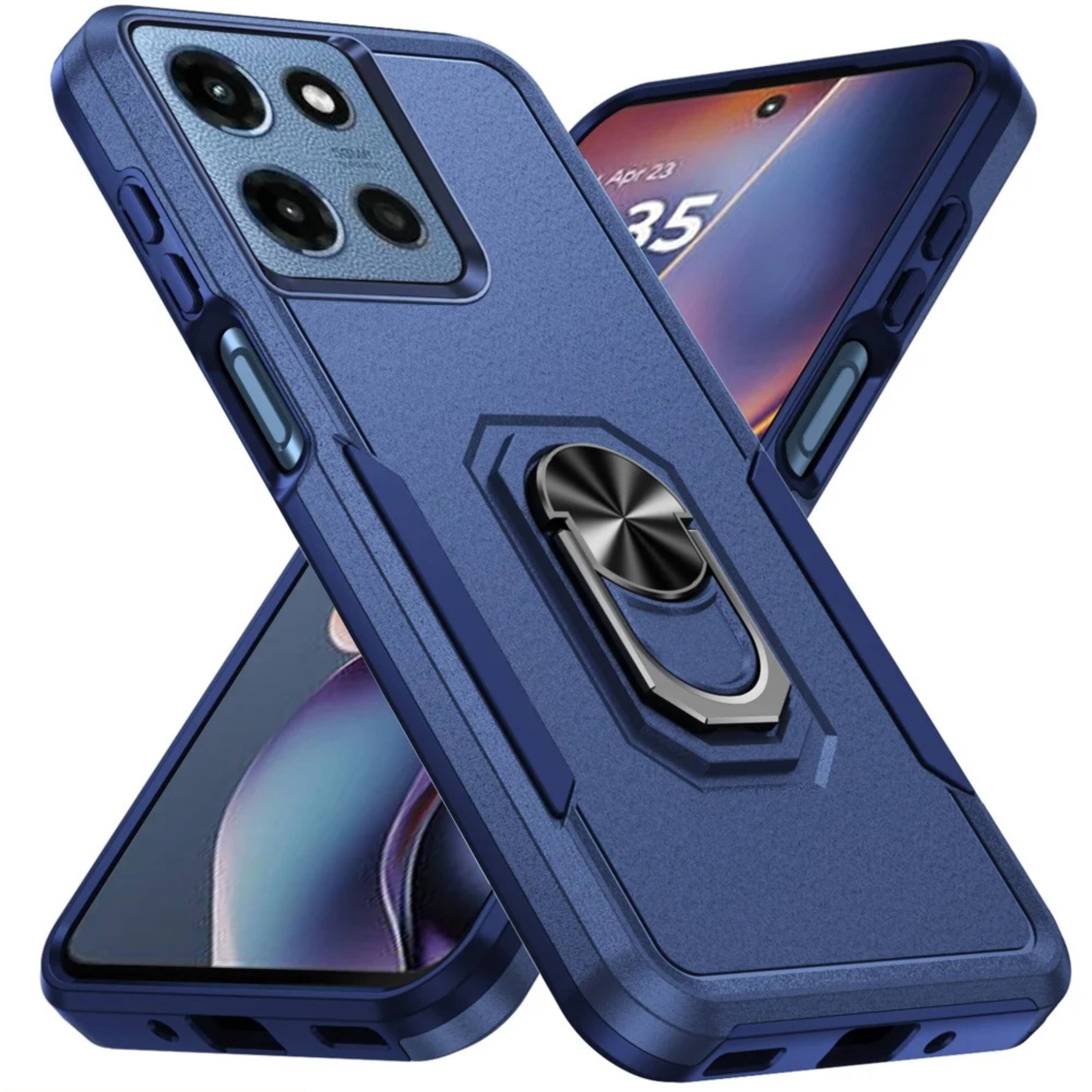 Left. Kitcheniva - Hard Outer Shell Soft Inner Rubber Phone Case With Metal Ring Stand Tempered Glass For Moto G 2025/2026/G Play 2026 Blue - Blue.