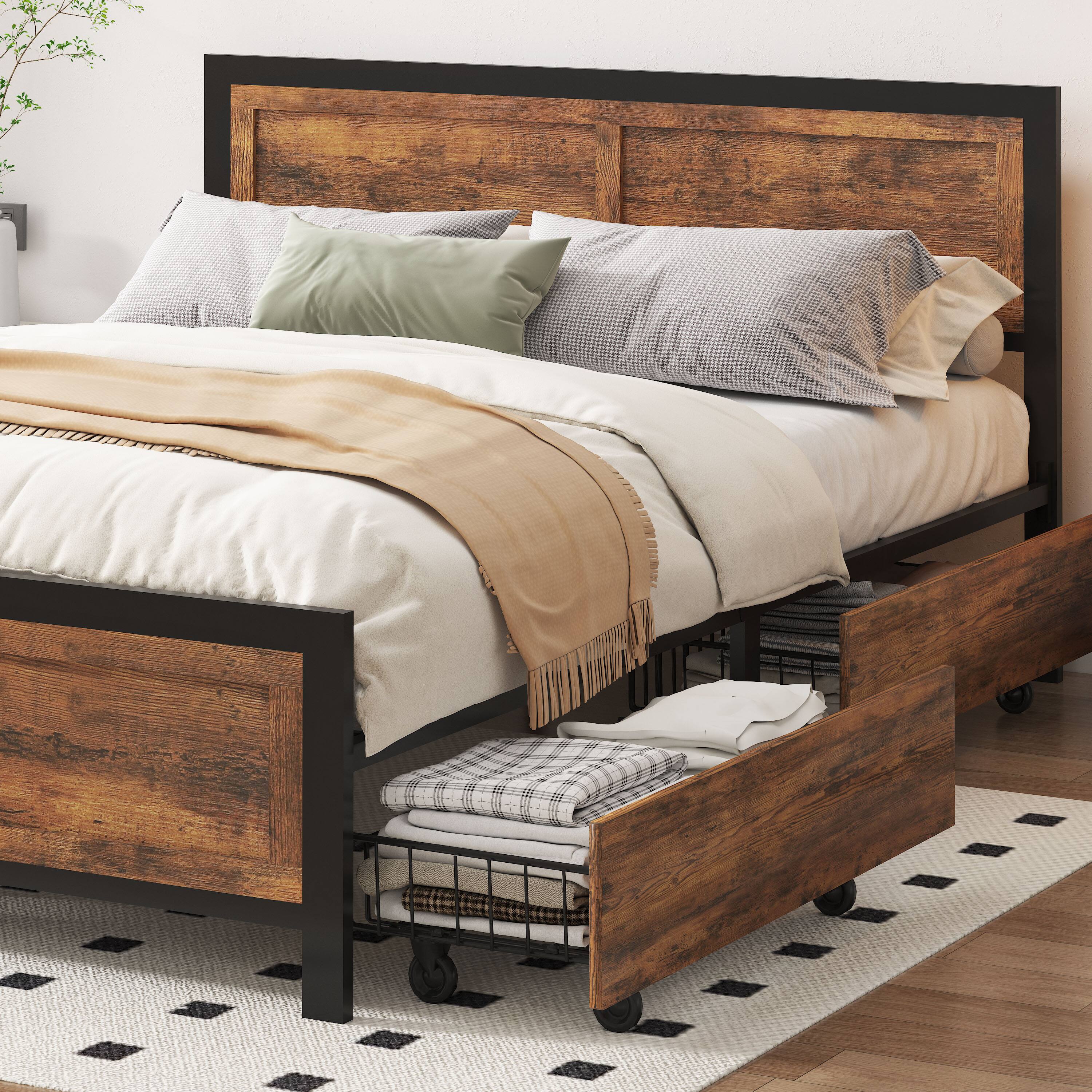 Alt View 2. Dyonery - Queen-size bed frame with 4 storage compartments, featuring a sturdy metal support platform base paired . - Brown.