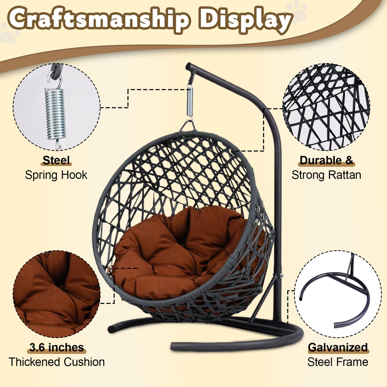 Back. TinyHomie - Indoor Cat Swing Bed Rattan Wicker Egg Chair Brown with Stand Cushion - Brown.