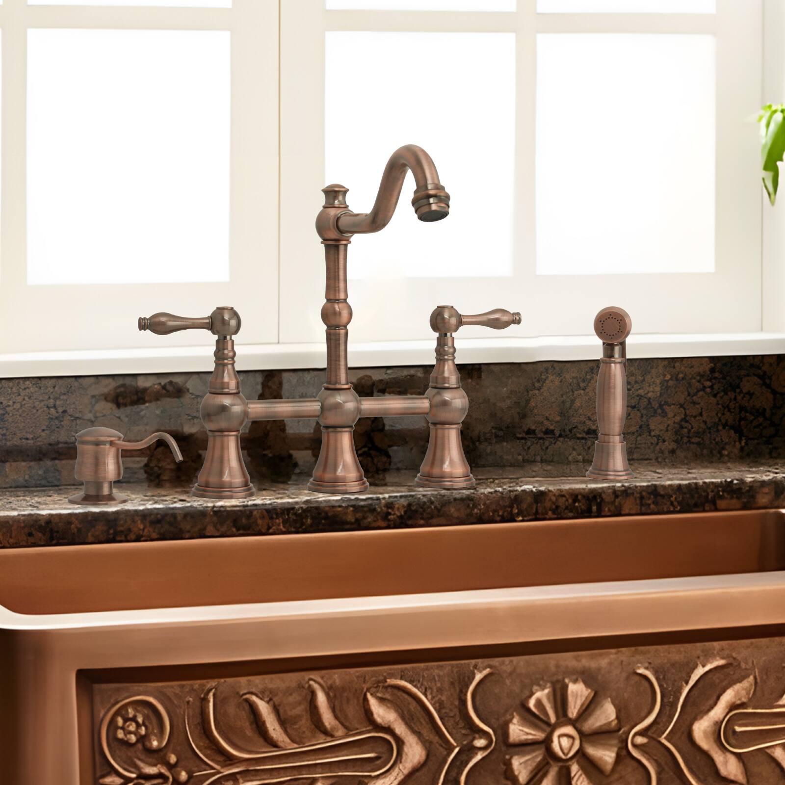 Alt View 3. Akicon - Akicon Built-in Brass Soap Dispenser for Kitchen Sink Refill from Top with 17 oz. Bottle in Antique Copper - Antique Copper.