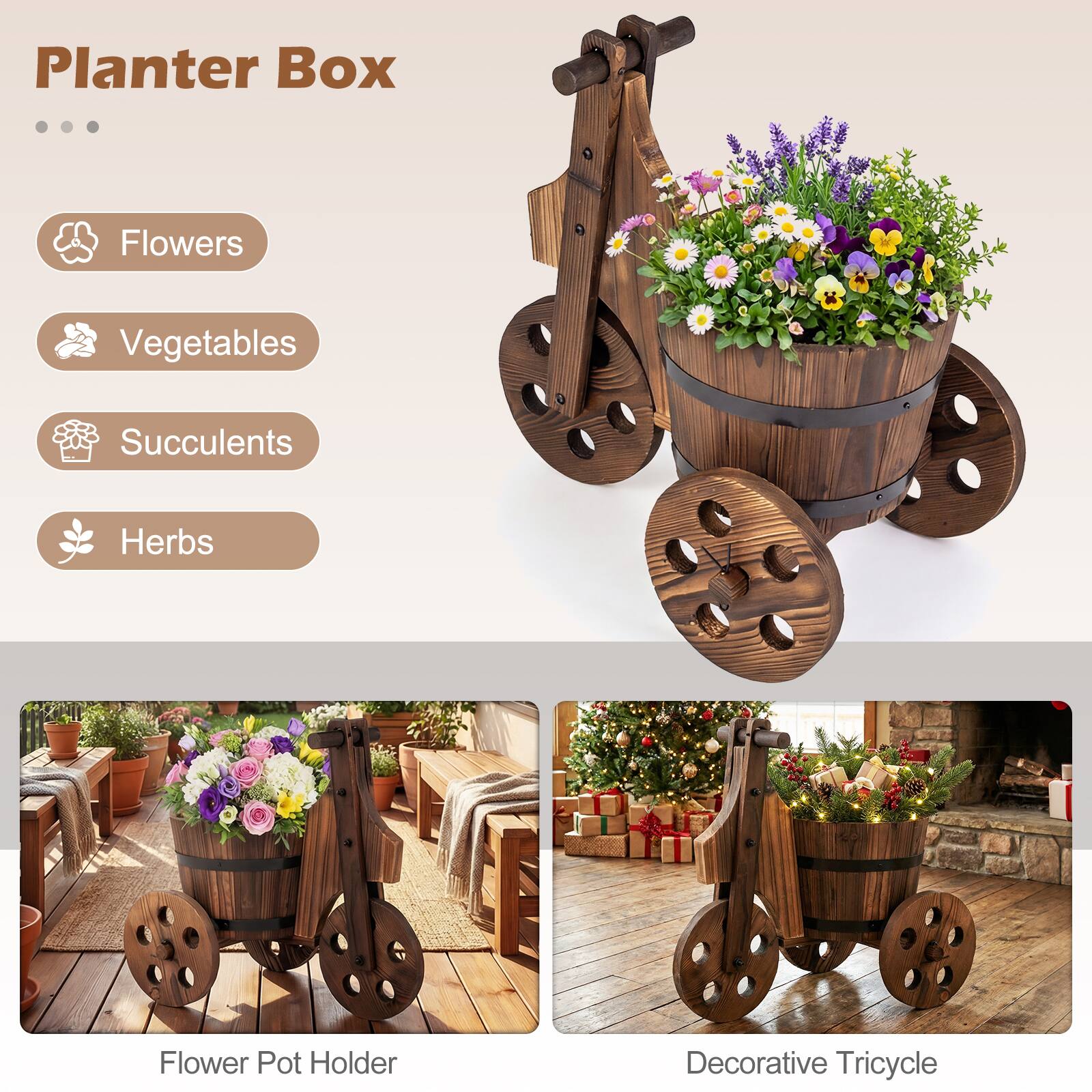 Planter Box  
- Flowers  
- Vegetables  
- Succulents  
- Herbs  

Flower Pot Holder  
Decorative Tricycle
