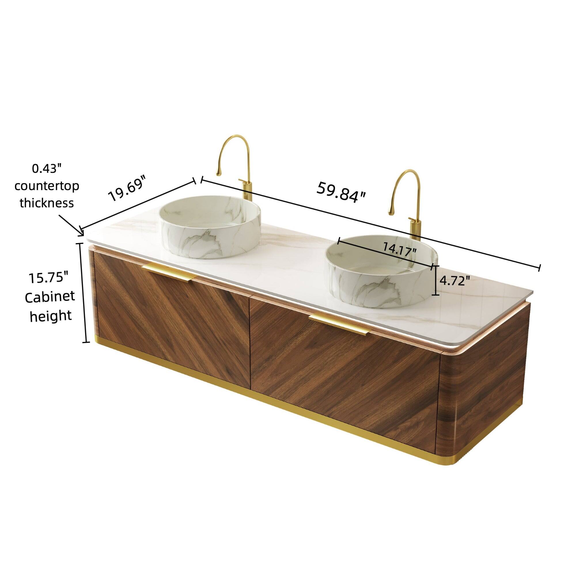 - Countertop thickness: 0.43"
- Cabinet height: 15.75"
- Sink dimensions: 19.69" x 14.17"
- Faucet height: 4.72"
- Overall length: 59.84"
