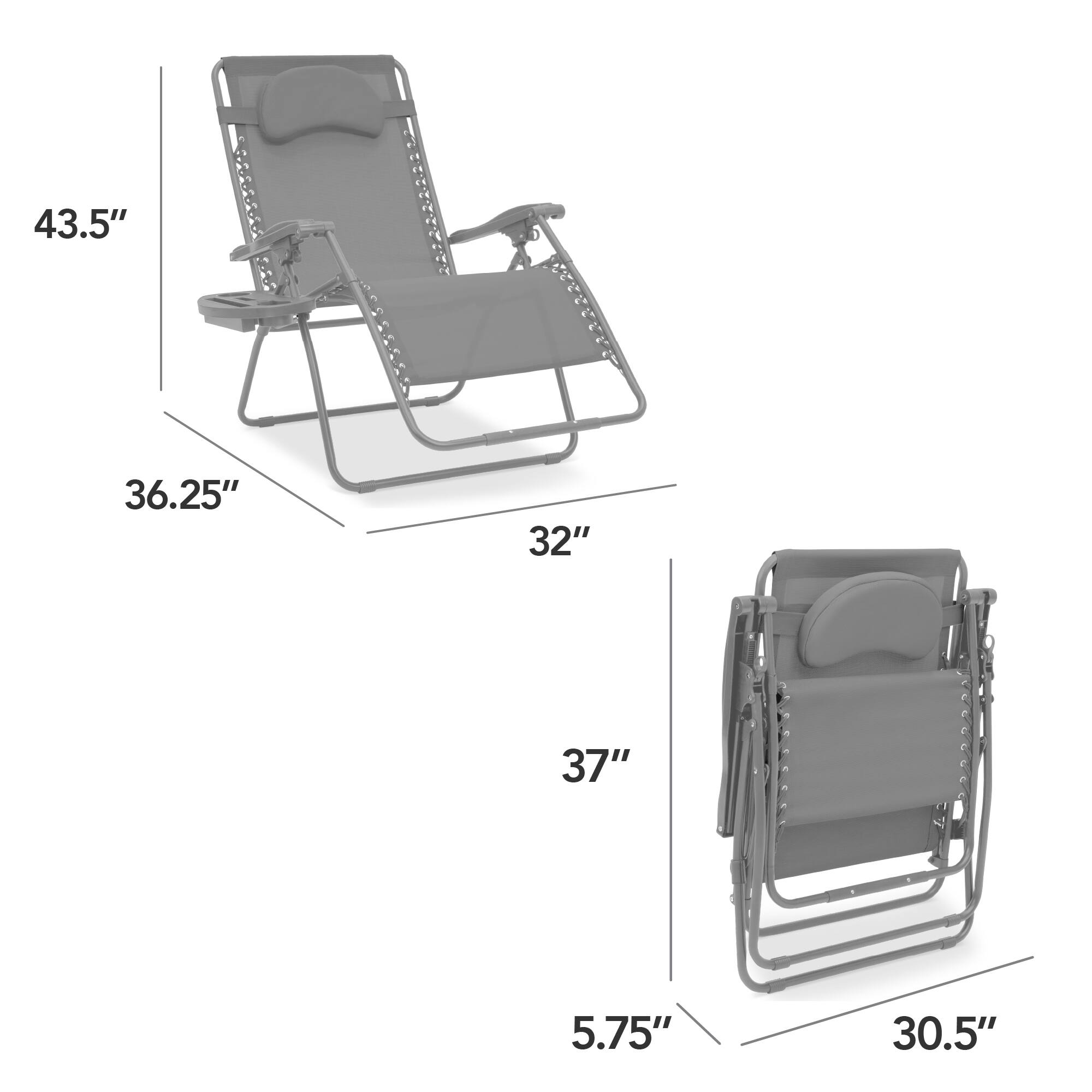 The dimensions of the chair are:

- Length: 43.5"
- Width: 36.25"
- Height: 37"
- Depth: 32"
- Seat Height: 5.75"
- Seat Depth: 30.5"