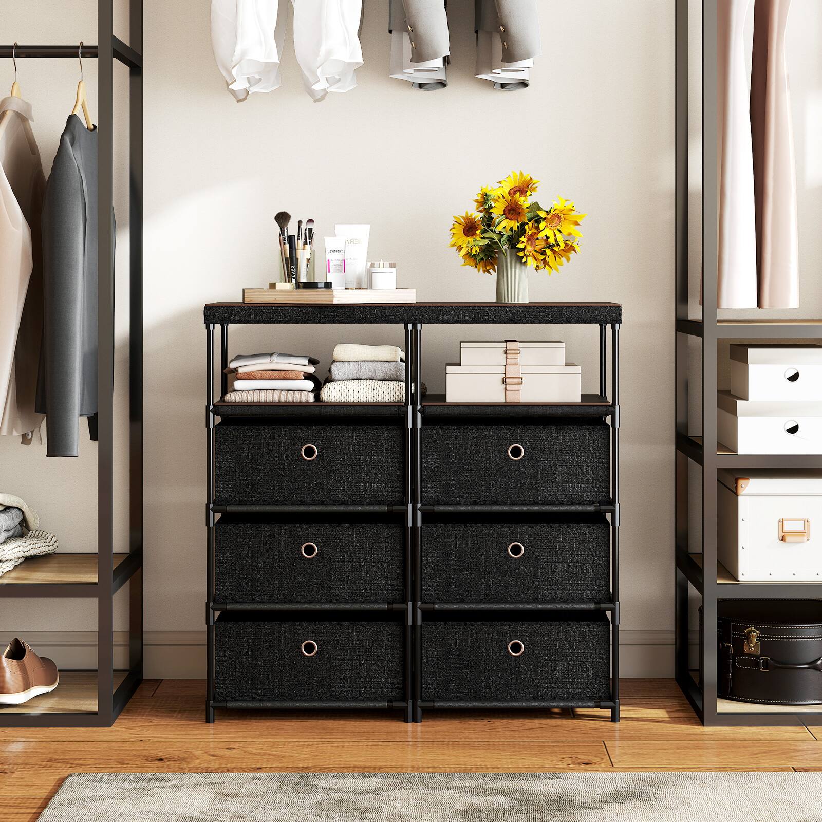Alt View 9. Gymax - Gymax 3-Drawer Dresser w/ Shelf w/ Fabric Bins Industrial Storage Tower Unit - Black.