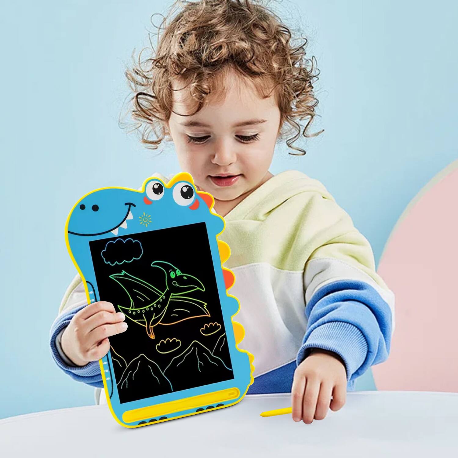 Left. Sahara - 8.5" Kids LCD Writing Notepad – Dinosaur Drawing Pad with Color Display | Eye Protection Screen | One-Click Erase - Blue.