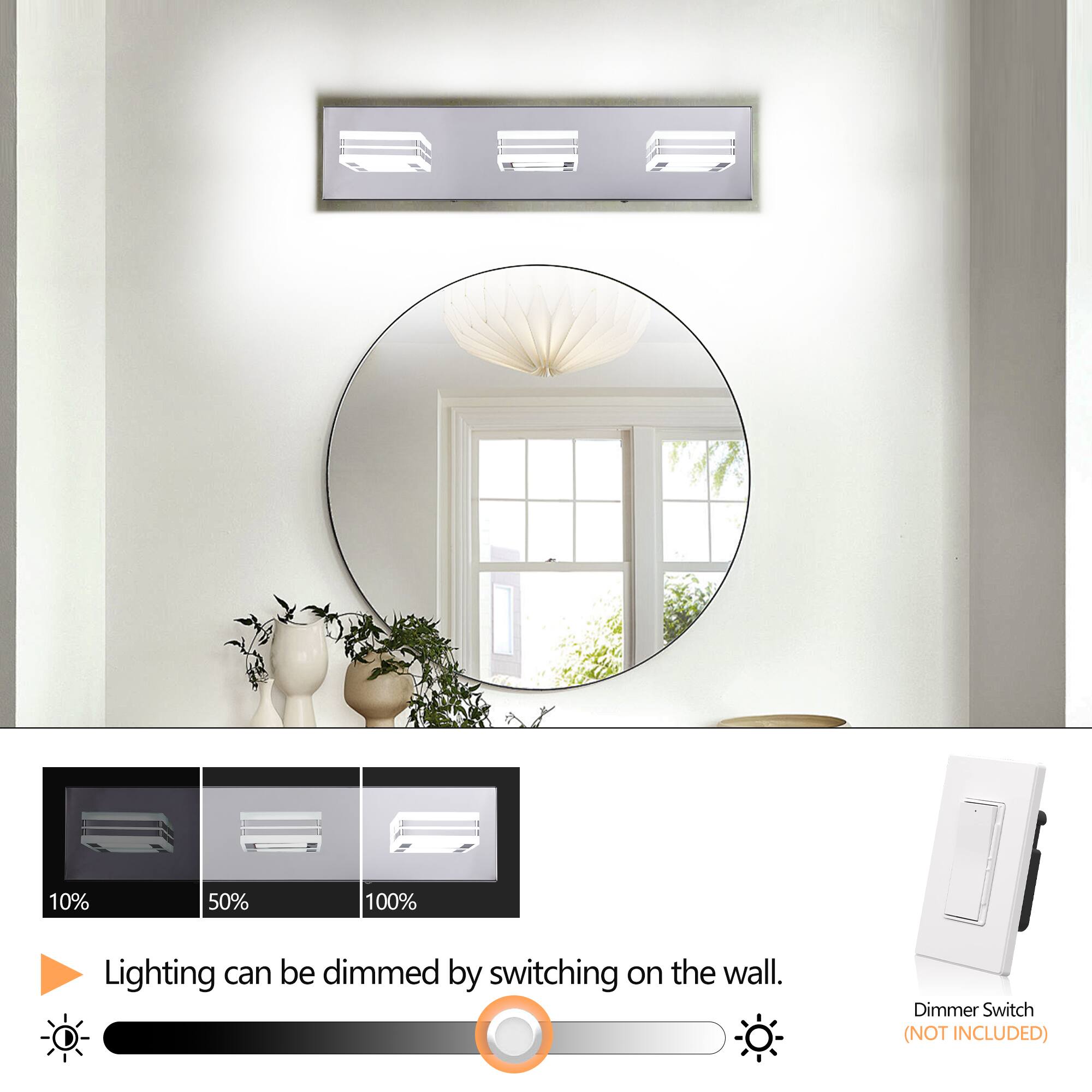 RSS 10% 50% 100%  
Lighting can be dimmed by switching on the wall.  
Dimmer Switch (NOT INCLUDED)