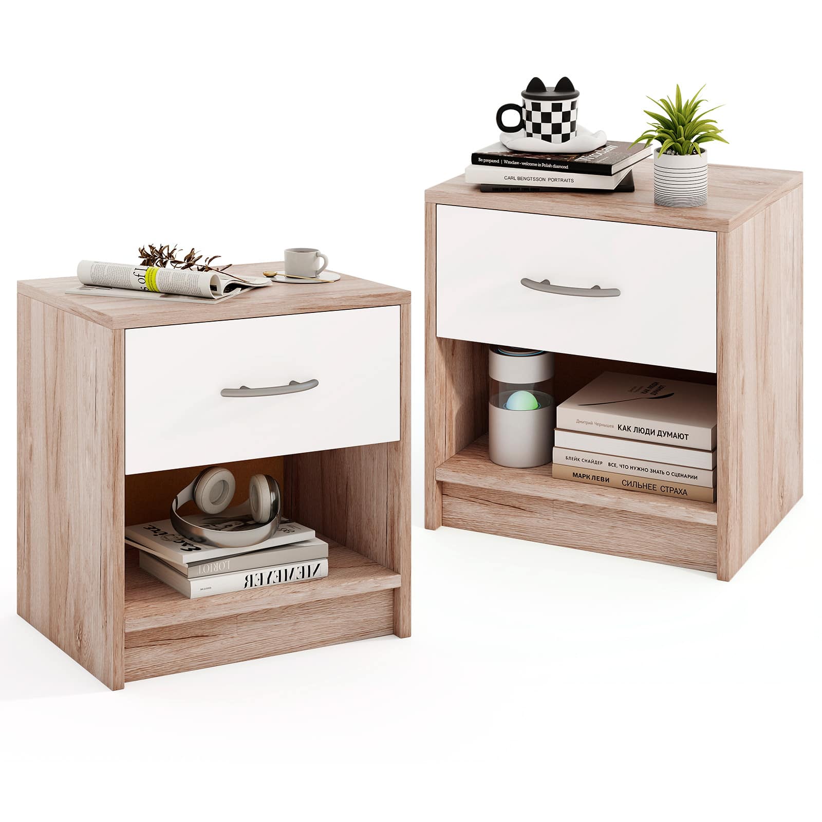 Gymax - 2 PCS Nightstand w/ Drawer Side Table w/ Slide-out Drawer Open Storage Shelf Oak & White - Yellow