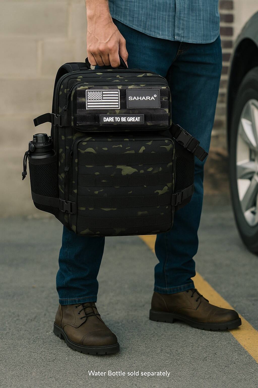 The text on the image reads "SAHARA DARE TO BE GREAT Water Bottle sold separately."