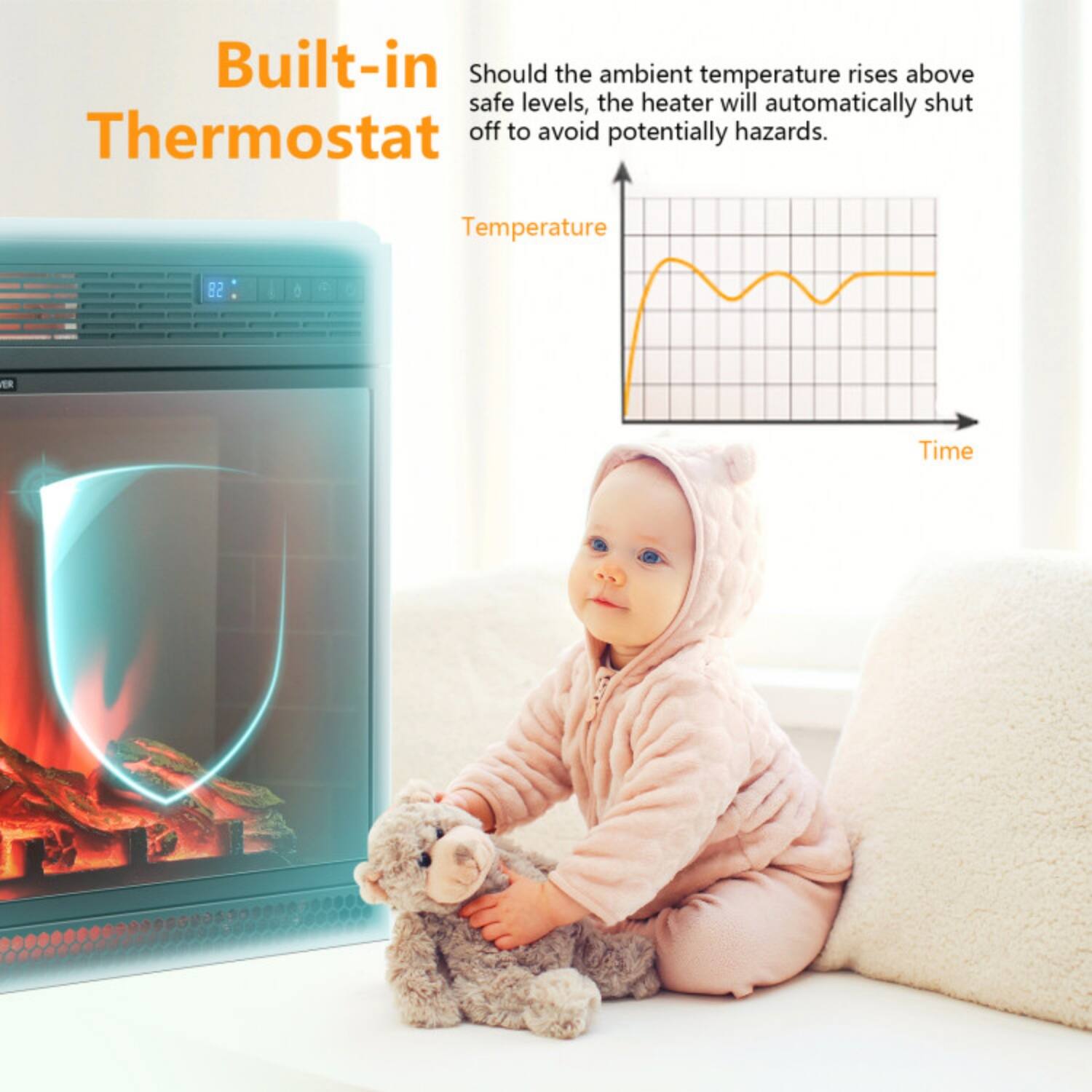 Built-in Thermostat

Should the ambient temperature rise above safe levels, the heater will automatically shut off to avoid potentially hazardous situations.

Temperature
Time