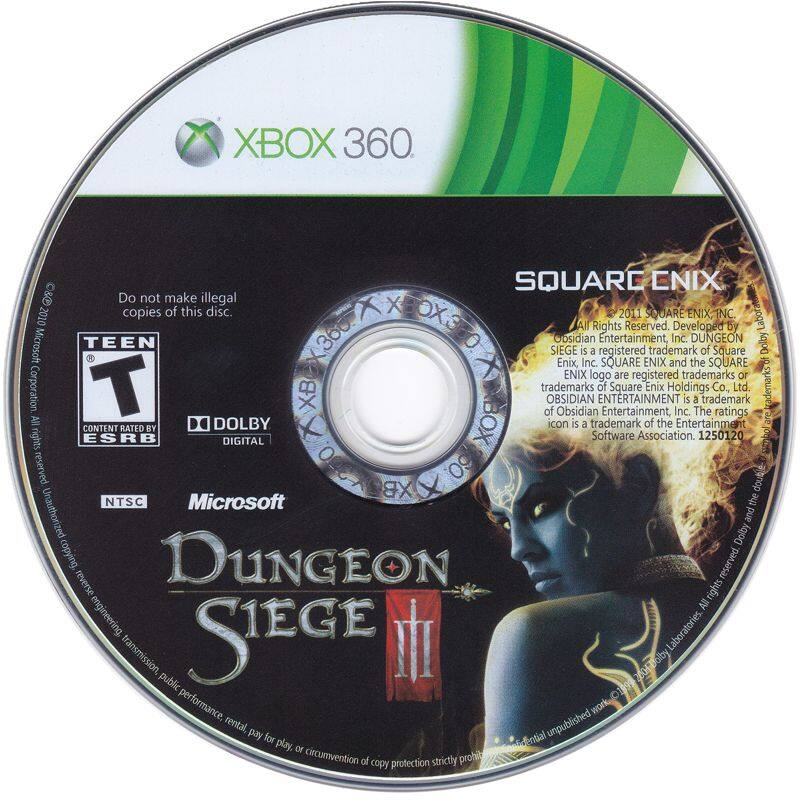 XBOX 360

SQUARE ENIX

Do not make illegal copies of this disc.

TEEN T
CONTENT RATED BY ESRB

DOLBY DIGITAL

NTSC

Microsoft

DUNGEON SIEGE

© 2011 SQUARE ENIX, INC. All Rights Reserved. Developed by Obsidian Entertainment, Inc. SIEGE is a registered trademark of Square Enix Co., Ltd. DUNGEON SIEGE is a trademark of Square Enix Co., Ltd. SQUARE ENIX and the SQUARE ENIX logo are registered trademarks of Square Enix Holdings Co., Ltd. The ratings icon is a trademark of the Entertainment Software Association. 1250120

All rights reserved. Unauthorized copying, public transmission, public performance, rental, pay for play, or circumvention of copy protection strictly prohibited.

Microsoft Corporation

Obsidian Entertainment, Inc. is a trademark of Obsidian Entertainment, Inc. The ratings icon is a trademark of the Entertainment Software Association. 1250120