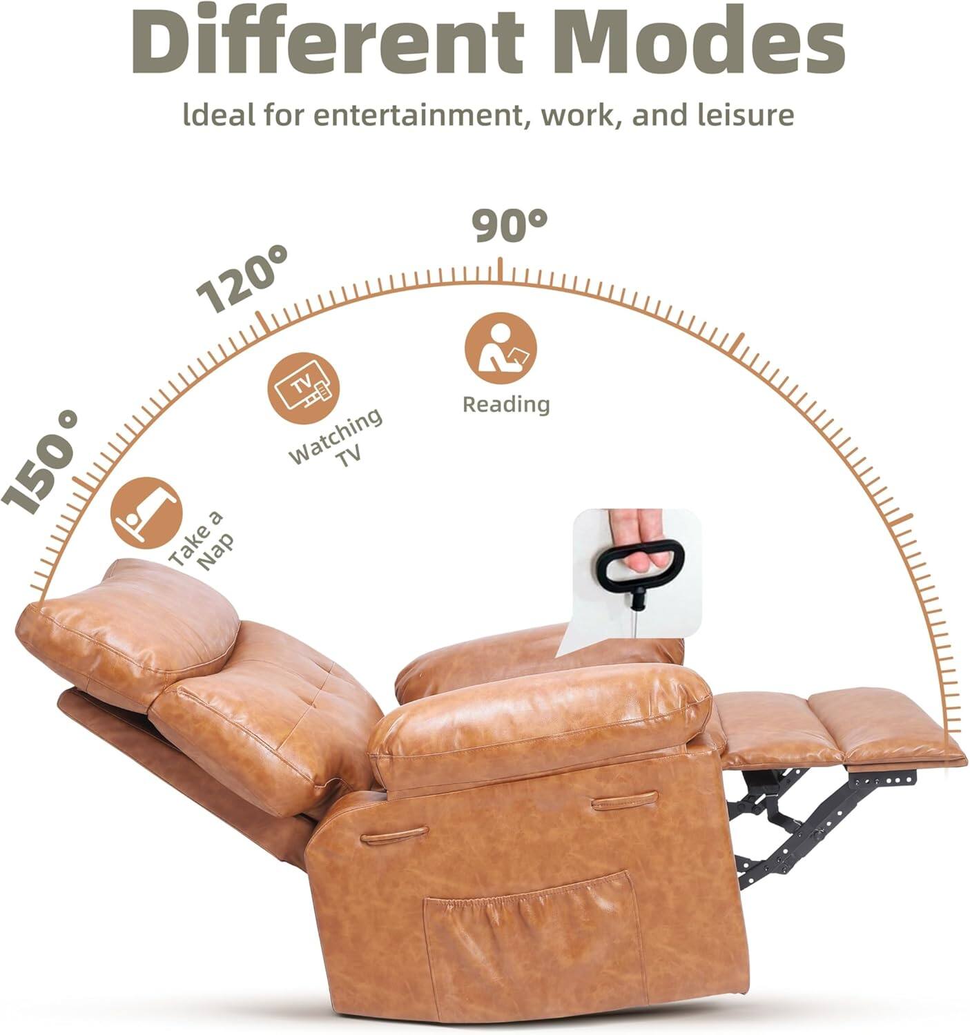 Different Modes  
Ideal for entertainment, work, and leisure  

150° - Take a Nap  
120° - Watching TV  
90° - Reading