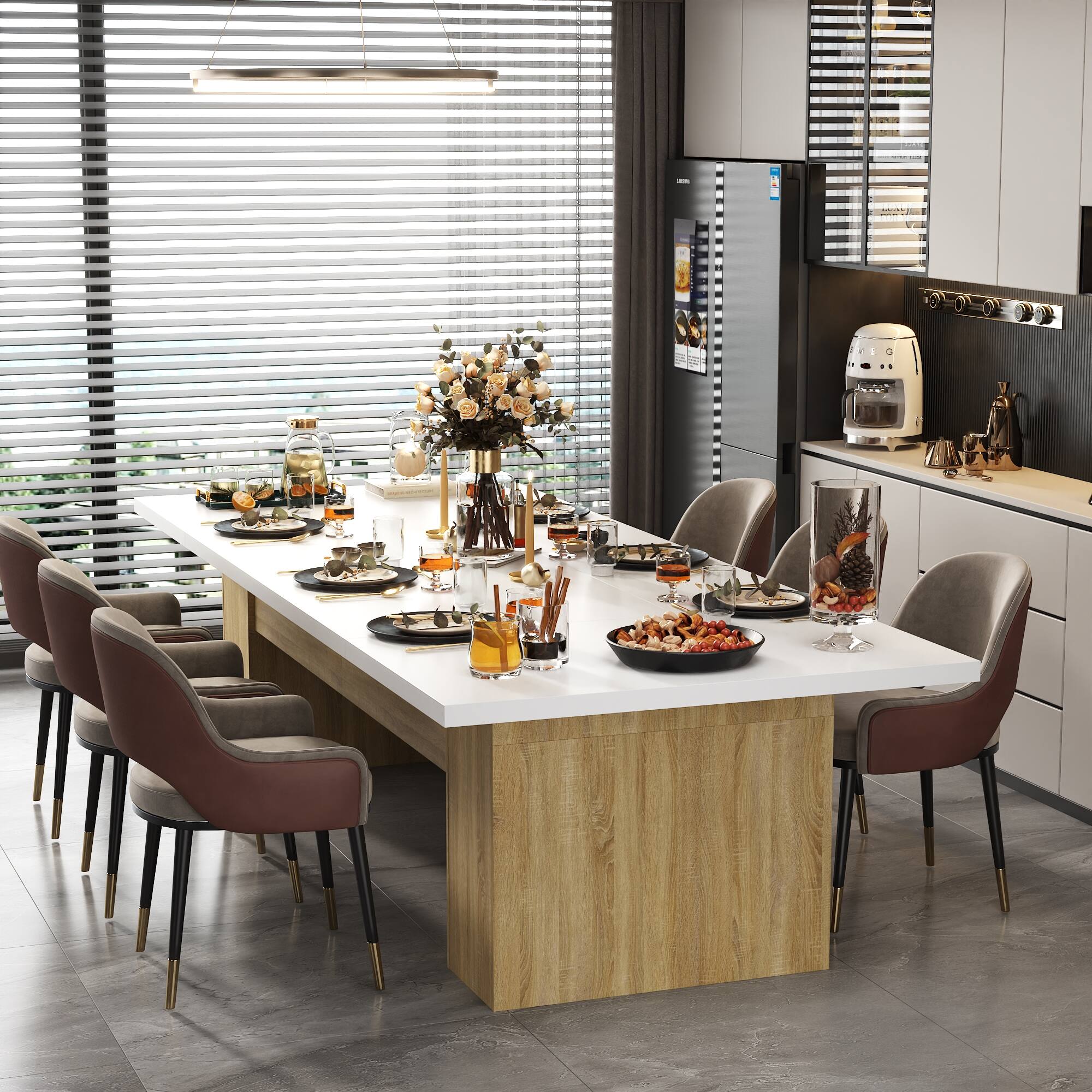 Left. FUFU & GAGA - Extra Large Dining Table for 8-10 People, Modern Rectangular Table with Sturdy Top, Ideal for Family Gatherings - White & Wooden.