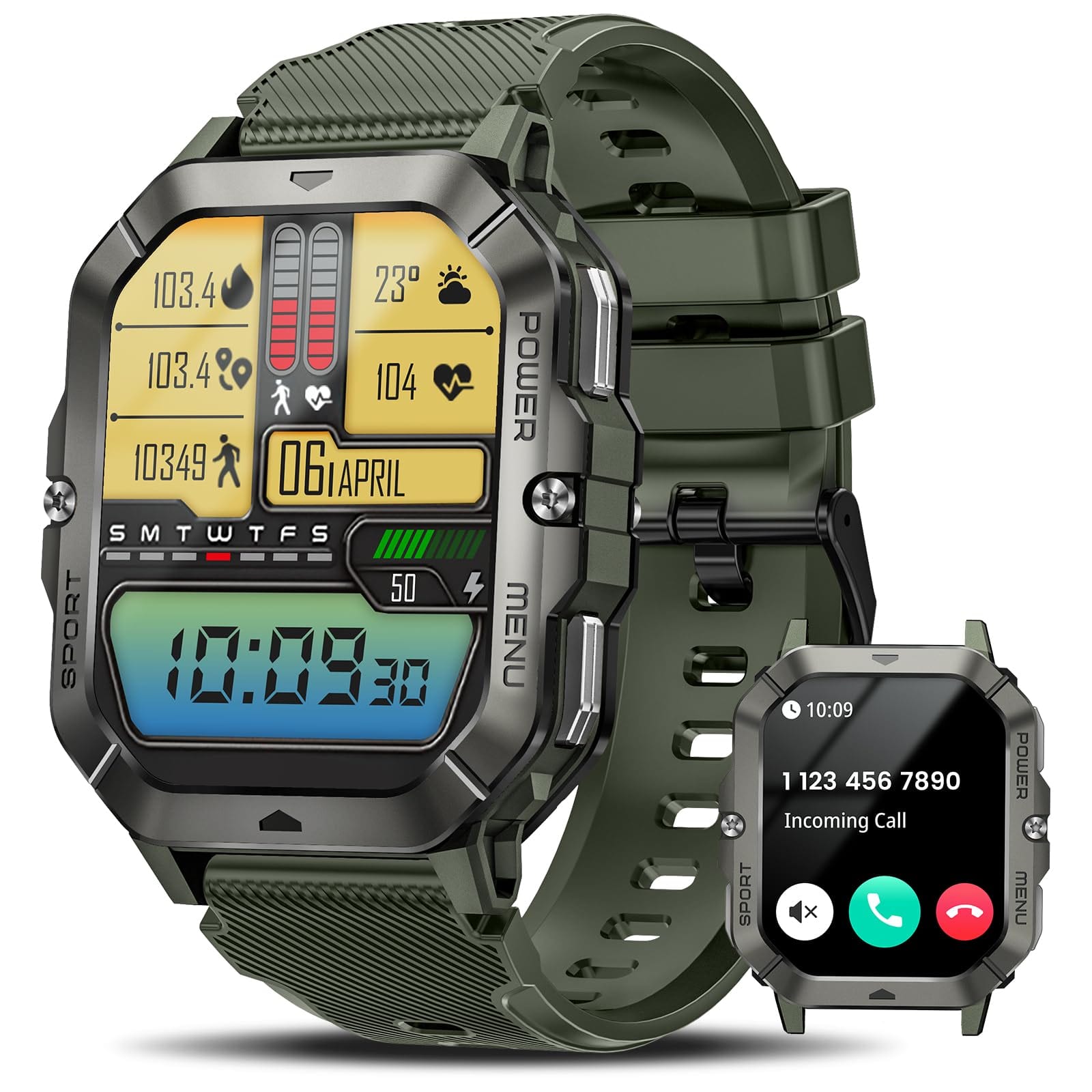 The Best Inks - Smart Watches For Men (answer/make Calls) 2.02'' Fitness Watch Android And Waterproof With - Military Green