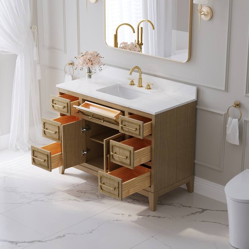 Angle. WELLFOR - 48 in Luxury Solid Oak Bathroom Vanity with Sink, Bathroom Cabinet with 6 Soft-Close Drawers and 1 Flip Drawer - Oak.
