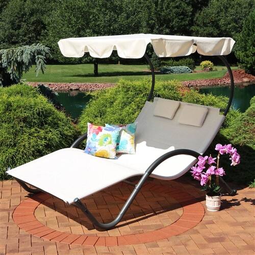 Back. SlickBlue - 2-Person Outdoor Patio Chaise Lounger with Canopy and Pillows – Garden, Deck, or Backyard Relaxation Bed - Off White.