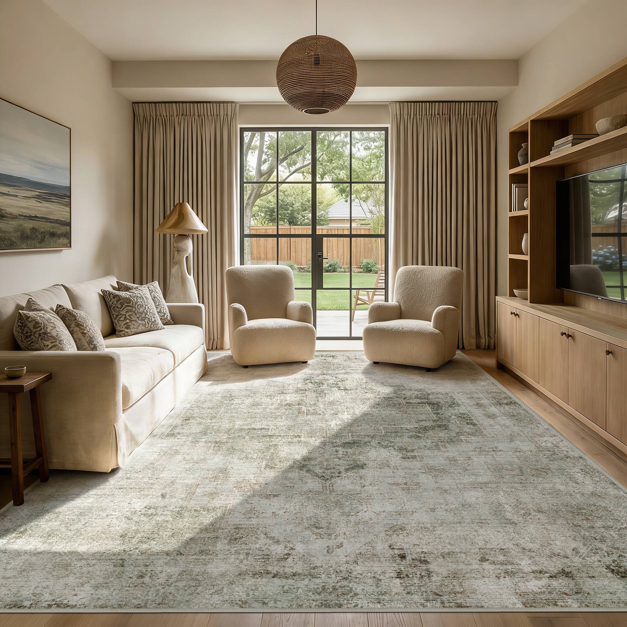 Alt View 2. KERDOM - Extra Large Living Room Rugs 9x12 ft, Boho Vintage Medallion Bedroom Carpet, Machine Washable & Non Slip Soft Low Pile - Beige.
