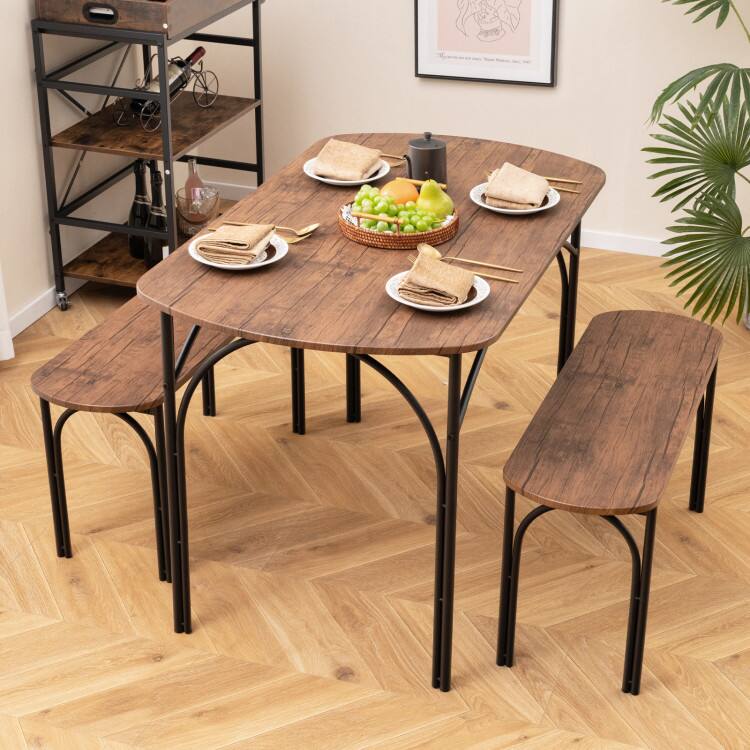 Left. SlickBlue - 3-Piece Dining Table Set for 4 with Metal Frame and 2 Benches - Brown, Black.