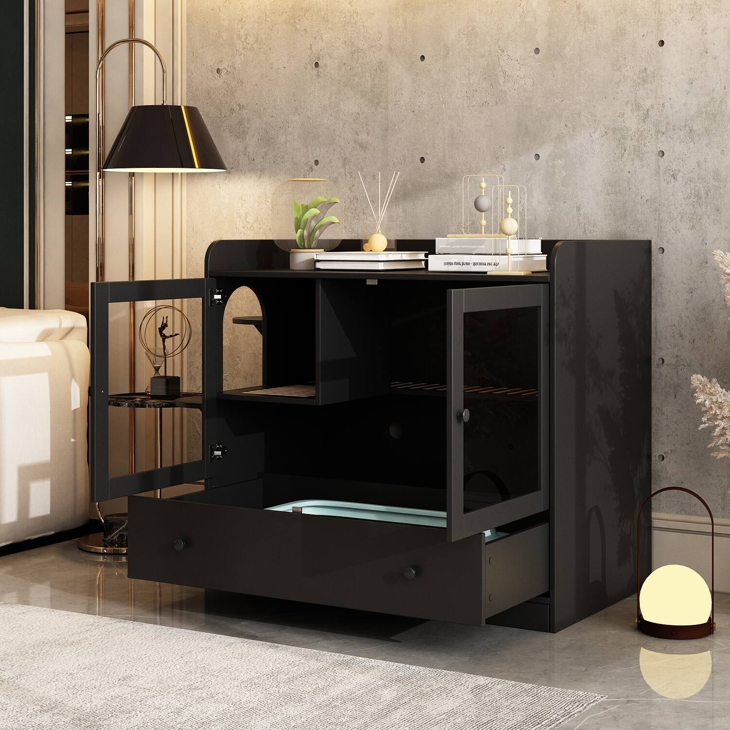 Alt View 1. Famapy - Luxury Black Cat Cabinet with Hidden Litter Box, Climbing Shelves & Storage – Modern Multi-Functional Cat Furniture.