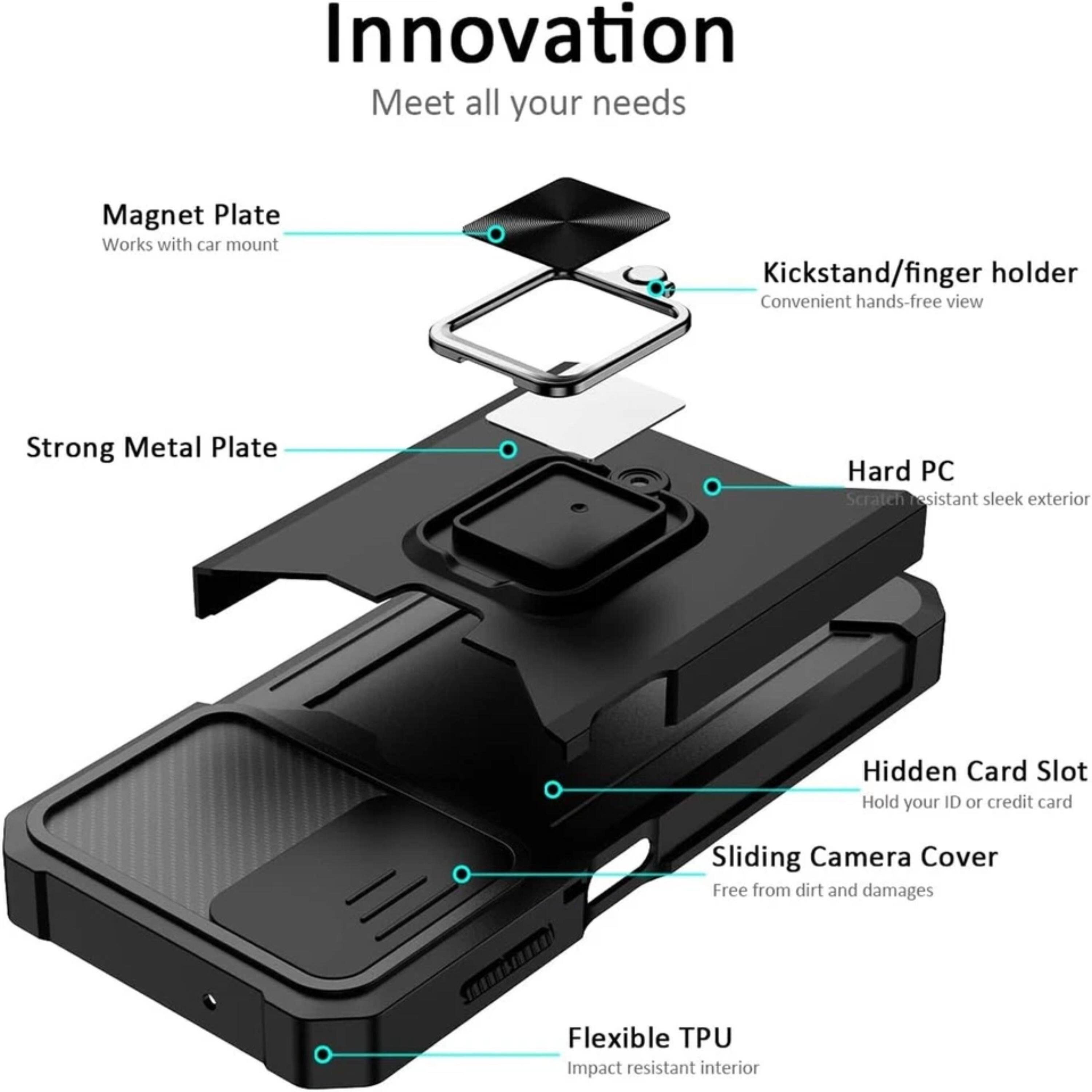 Innovation  
Meet all your needs  

- Magnet Plate  
  Works with car mount  

- Kickstand/finger holder  
  Convenient hands-free view  

- Strong Metal Plate  

- Hard PC  
  Scratch resistant sleek exterior  

- Hidden Card Slot  
  Hold your ID or credit card  

- Sliding Camera Cover  
  Free from dirt and damages  

- Flexible TPU  
  Impact resistant interior