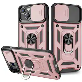 Reiko - Kickstand Ring Holder & Slide Camera Cover Magnetic Car Mount For Apple Iphone 13 In - Rose Gold