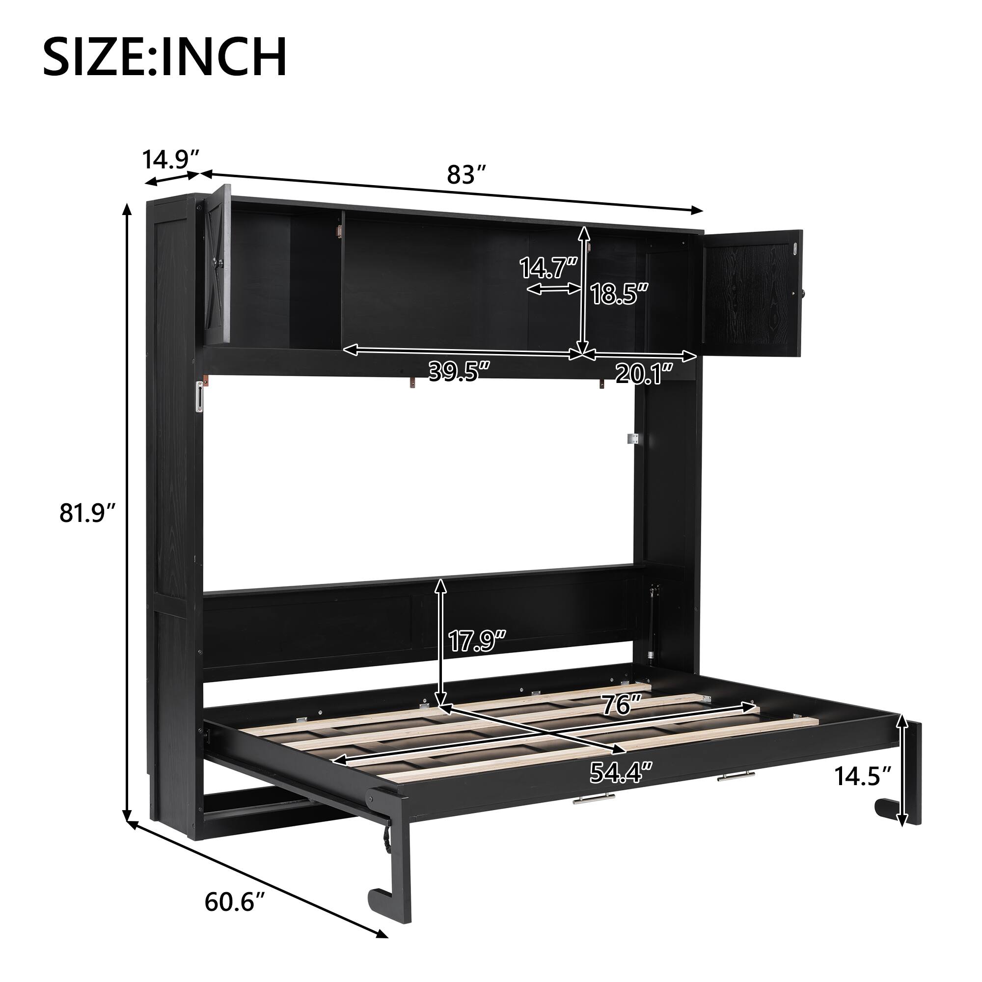 SIZE: INCH  
14.9" 83" 14.7" 18.5" 39.5" 20.1" 81.9" 17.9" 76" 54.4" 14.5" 60.6"