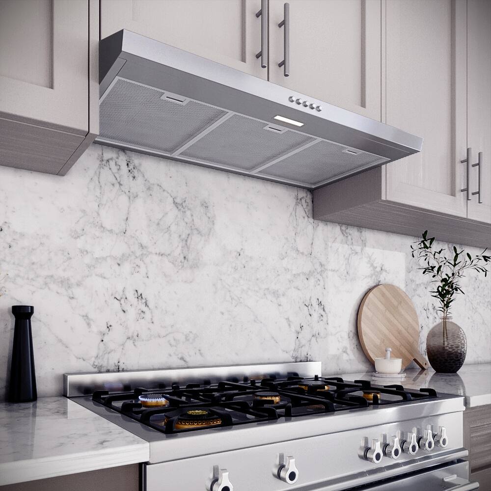 Back. Streamline - 36 in. Lagundo Ducted Undermount 80 CFM Range Hood, Mesh Filters, Push Button Control, LED Light - Brushed Stainless Steel.