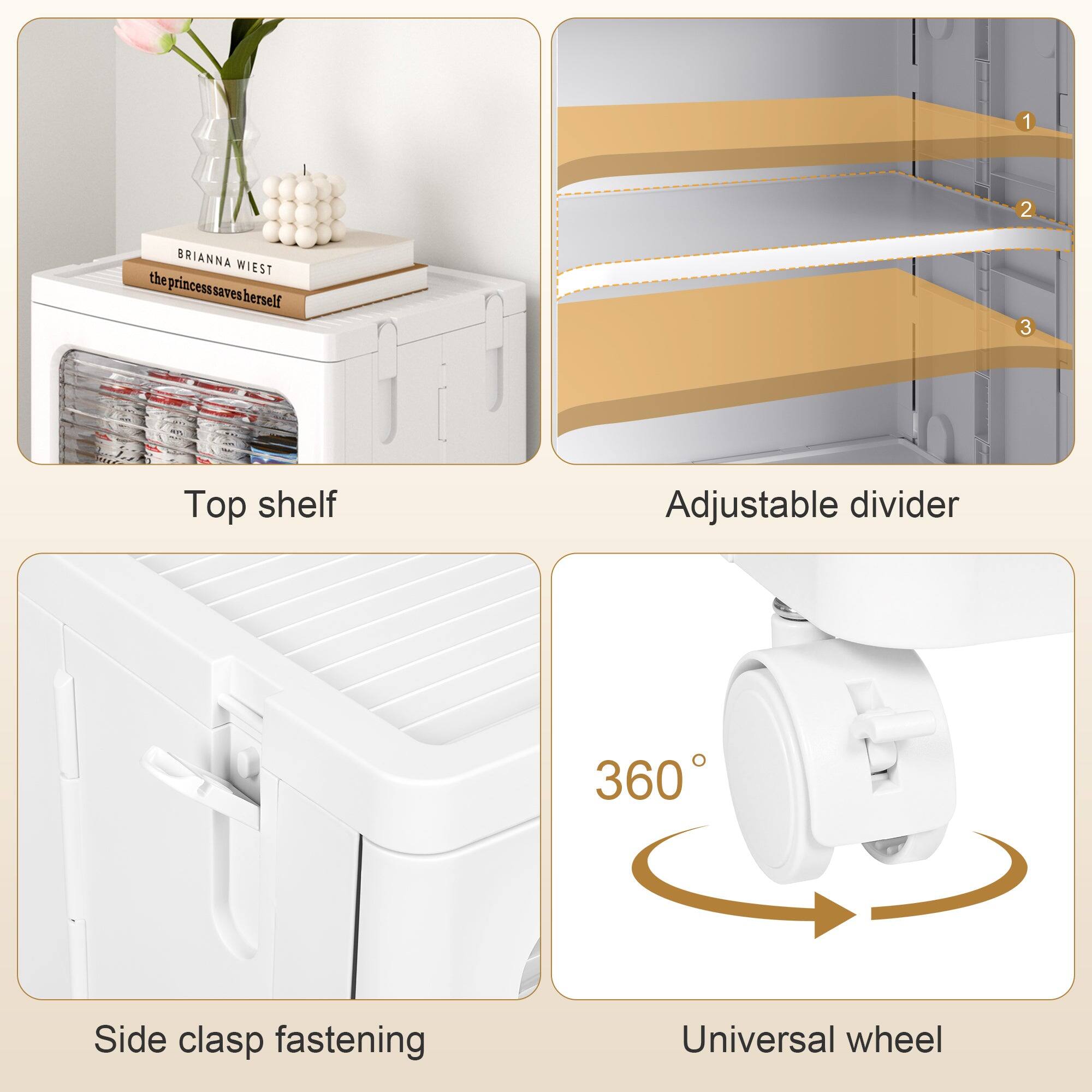 1. BRIANNA WIEST  
   the princess saves herself

2. Top shelf

3. Adjustable divider

4. Side clasp fastening

5. 360°

6. Universal wheel