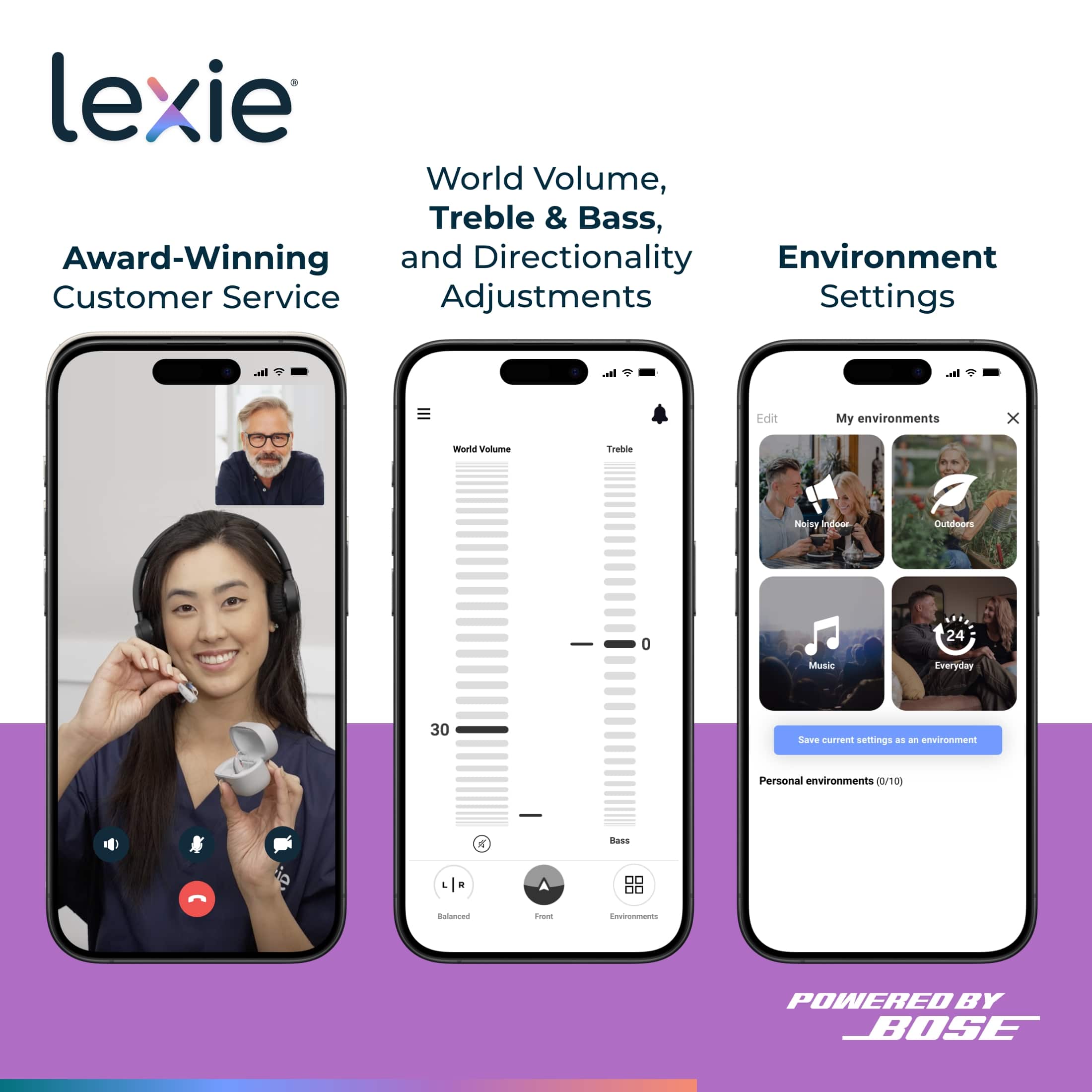 Lexie offers world volume, treble and bass, and directionality environment settings for its customer service. The settings include adjustments for everyday, personal, and music environments. The company also provides an award-winning customer service experience for its users.