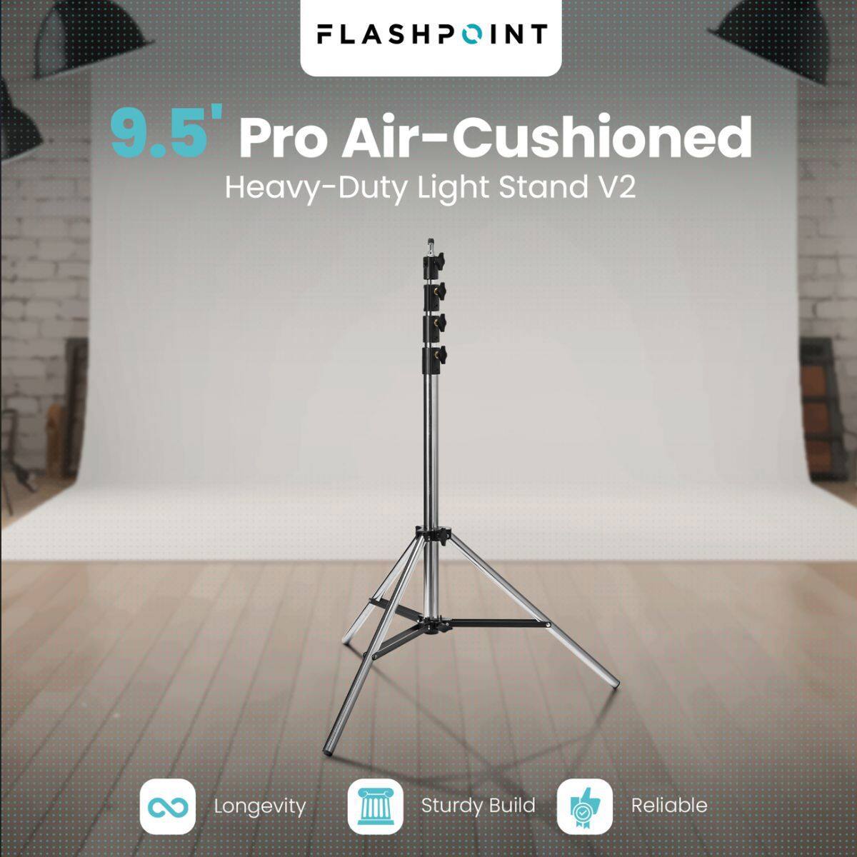 FLASHPOINT 9.5' Pro Air-Cushioned Heavy-Duty Light Stand V2

- Longevity
- Sturdy Build
- Reliable