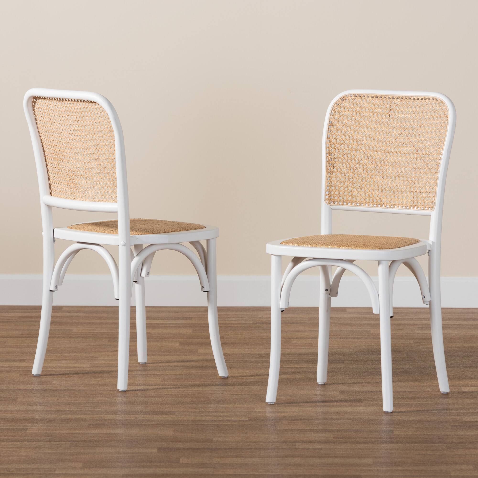 Alt View 4. Baxton Studio - Neah Japandi Wood and Natural Rattan 2-Piece Dining Chair Set - White/Natural Brown.