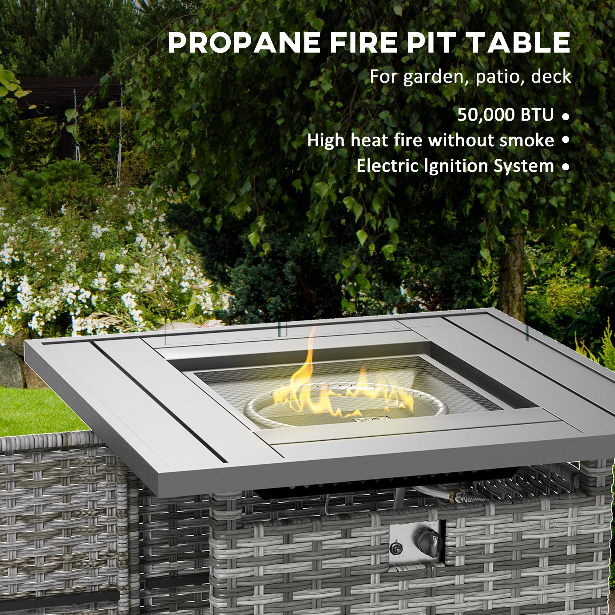 PROPANE FIRE PIT TABLE  
For garden, patio, deck  
50,000 BTU  
High heat fire without smoke  
Electric Ignition System