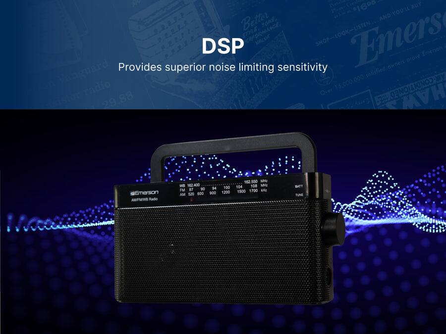 690 YOU'LL BUY Better AND rOnt, STYLE risce, SHOP-LOOK-LISTEN Emers DSP Emerson prove Provides superior noise limiting sensitivity owners Vanguard sonsfied MY radio Bao Over 15,000,000 29.88 HAW. Emerson AMFMWB Radio WB 162,400 FM 87 90 AM 520 600 94 900 100 1200 162.550 MHz 104 108 MHz 1500 1700 AHE BATT TUNE