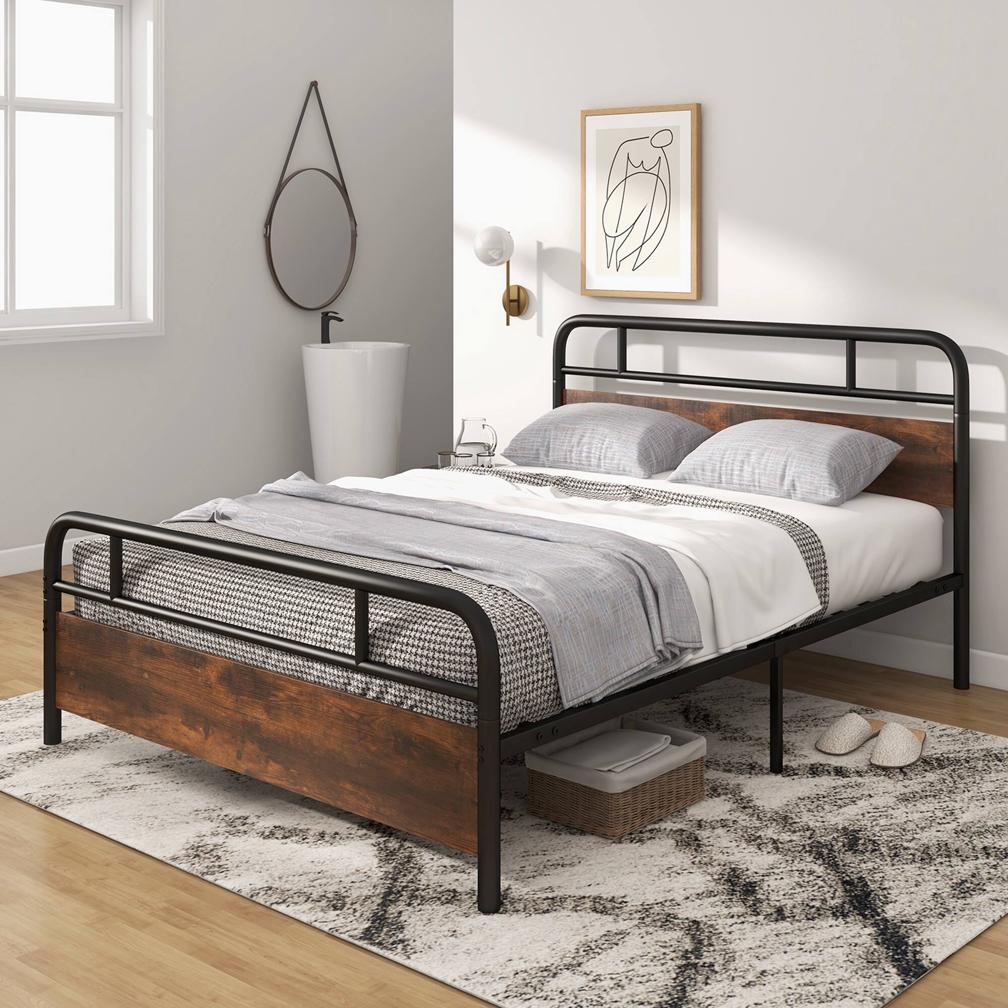 Alt View 4. Costway - Costway Queen Size Metal Platform Bed Frame Industrial Headboard Mattress Foundation - Black,Rustic Brown.