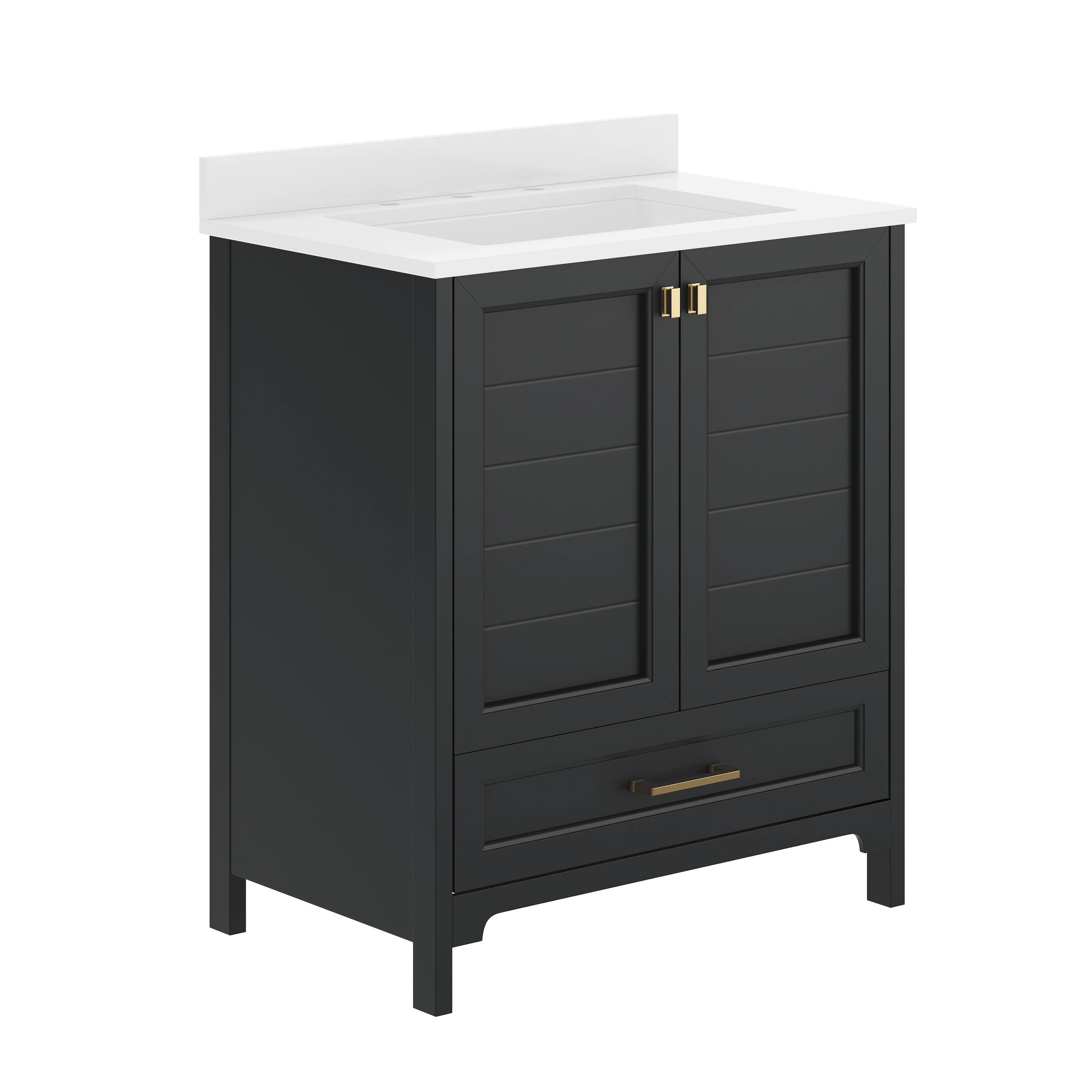 Alt View 1. Emma + Oliver - Bathroom Vanity w/ Ceramic Undermount Sink, Cabinet, Bottom Drawer - Black Frame/Gold Hardware.
