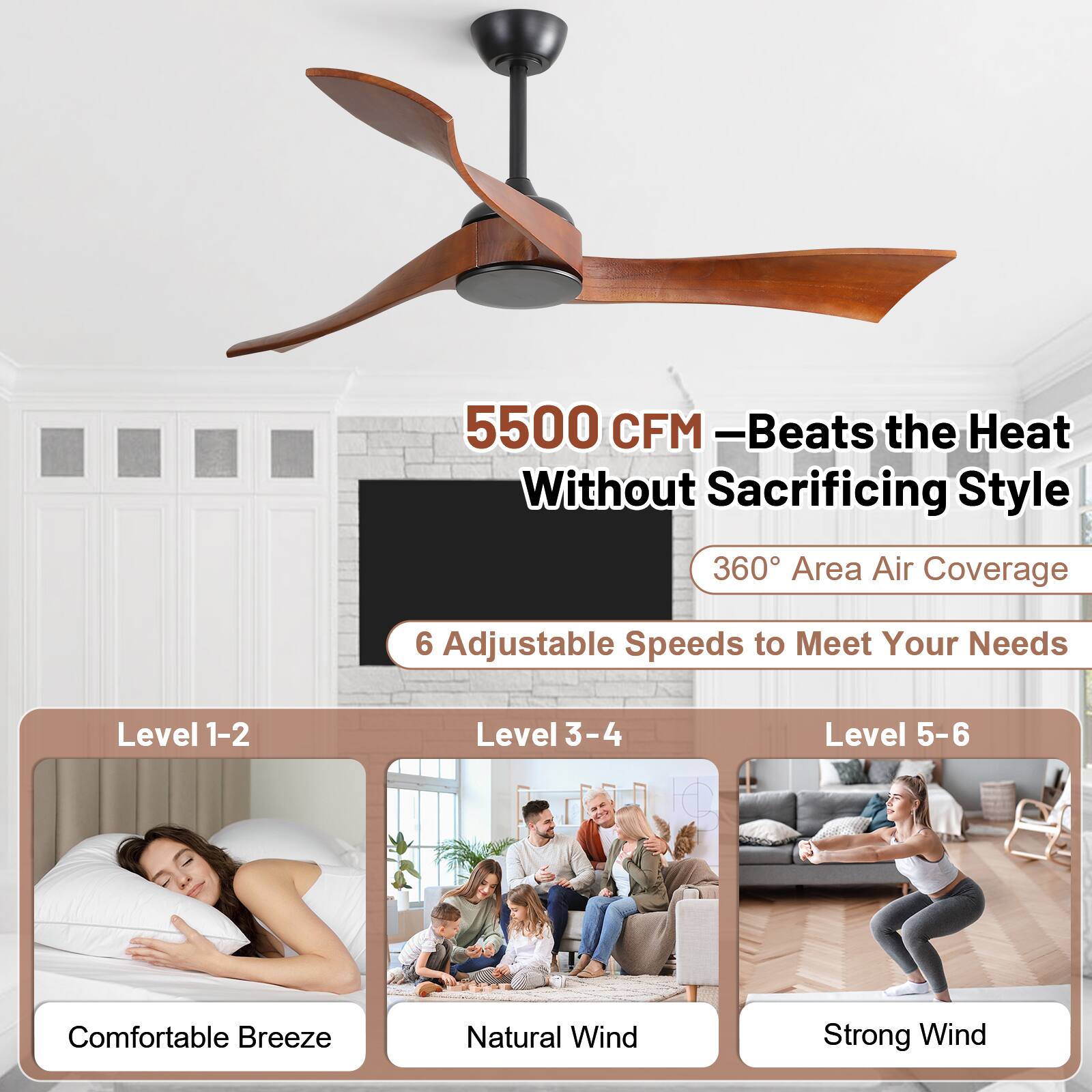 5500 CFM — Beats the Heat Without Sacrificing Style  
360° Area Air Coverage  
6 Adjustable Speeds to Meet Your Needs  

Level 1-2: Comfortable Breeze  
Level 3-4: Natural Wind  
Level 5-6: Strong Wind